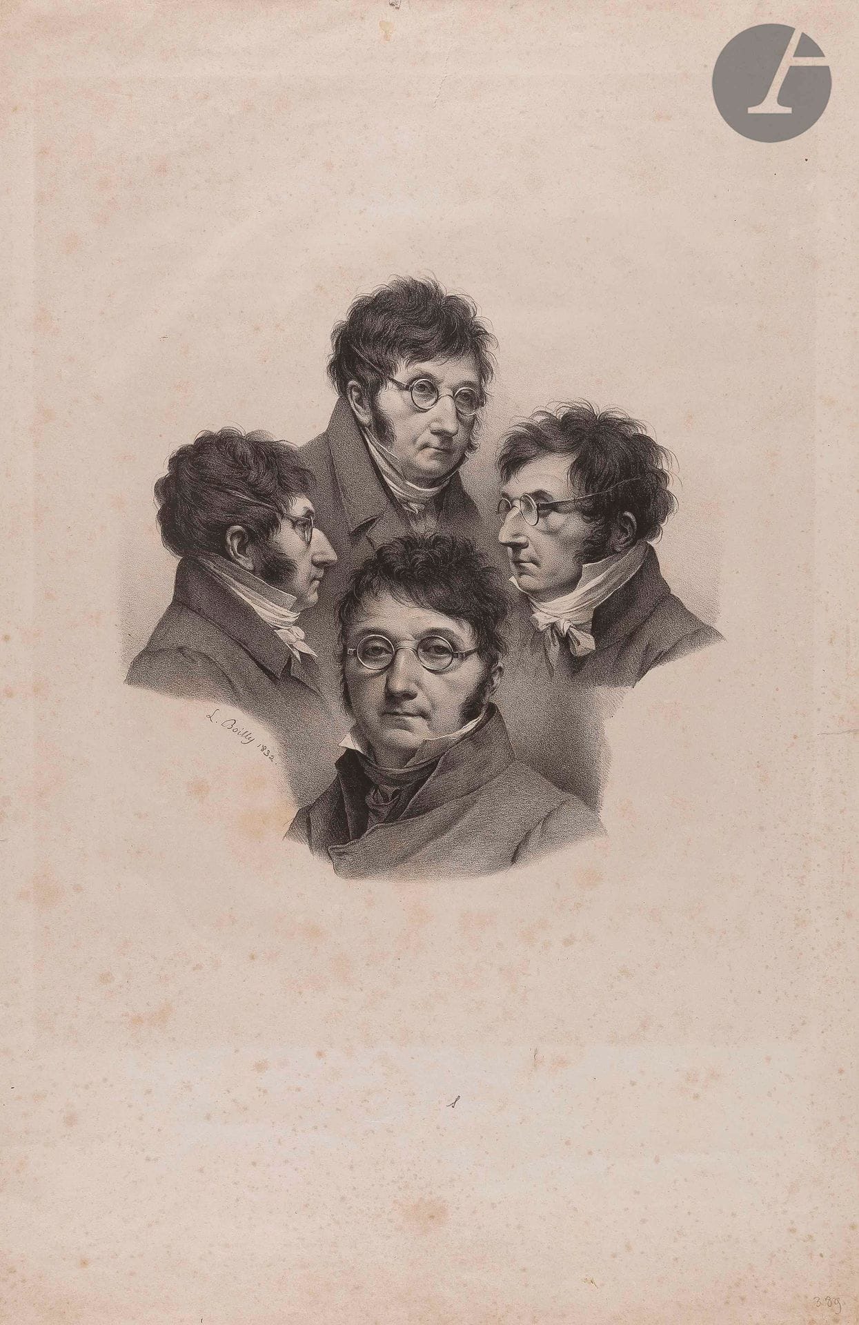 Louis Boilly (1761-1845)
Quatre portraits de l’auteur sur une même planche. 1832. Lithographie. 215 x 220. I.F.F. 44. Belle épreuve sur vélin. Oxydation, rousseurs et plusieurs déchirures aux bords du feuillet. Toutes marges.