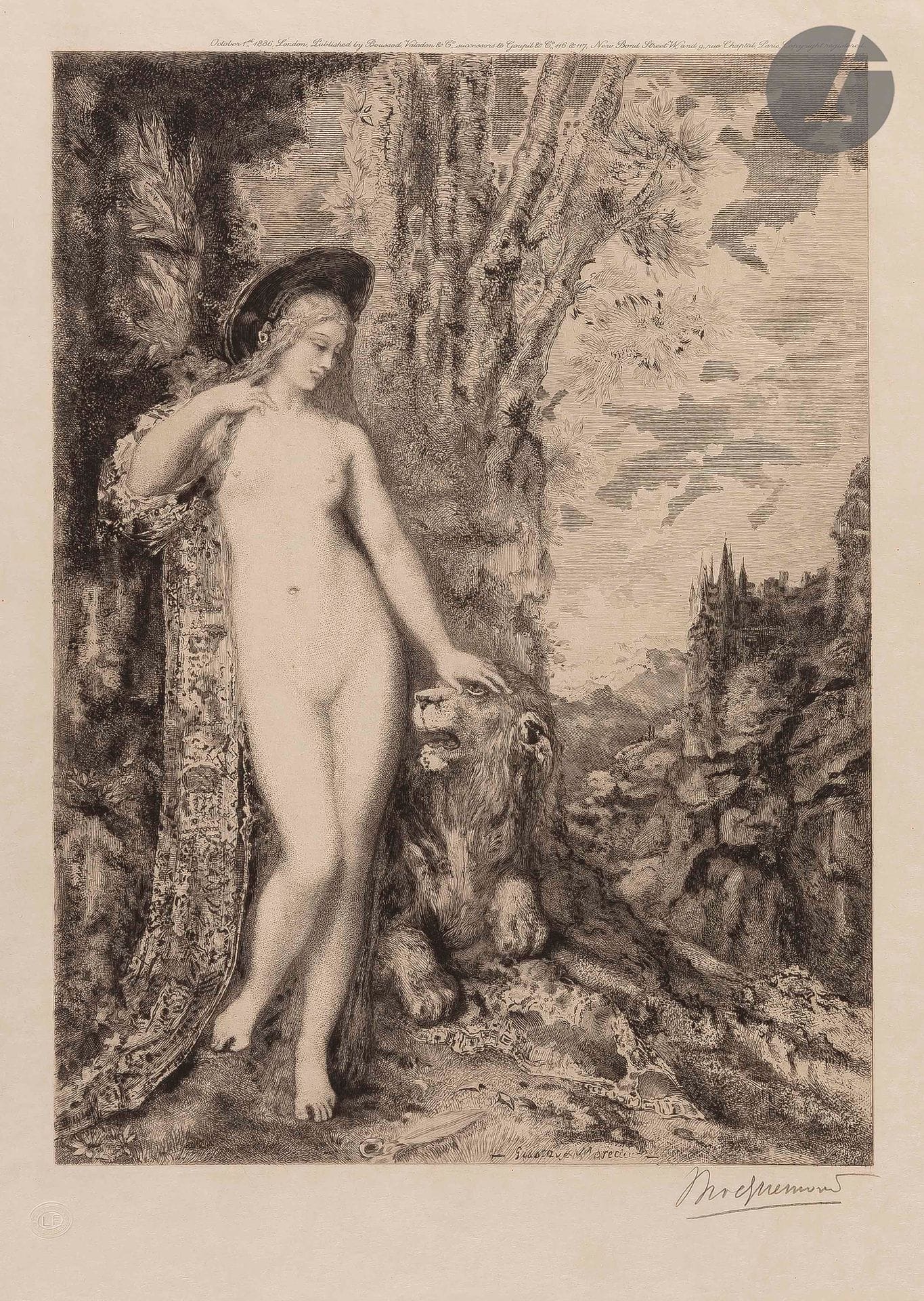 Félix Bracquemond (1833-1914)
Le Lion amoureux. (Pl. pour les Fables de La Fontaine). 1886. Eau-forte d’après Gustave Moreau. 260 x 343. Beraldi 757. Parfaite épreuve sur simili-japon fort, signée au crayon. Toutes marges.