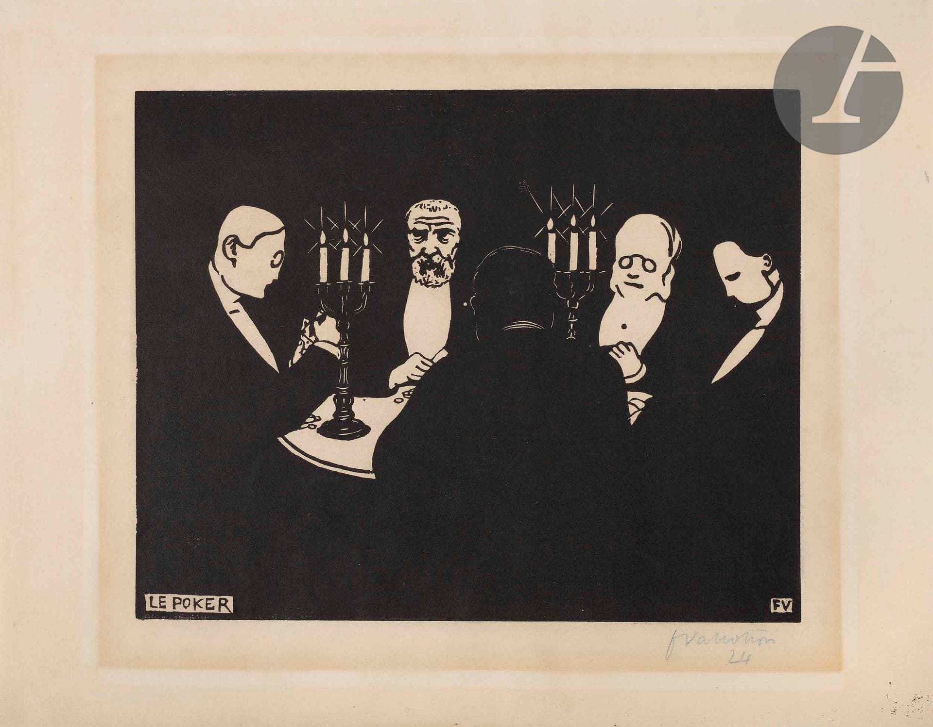 *Félix Vallotton (1865-1925)
Le Poker. 1896. Bois gravé. 220 x 175 [315 x 245]. Vallotton et Goerg 170 a. Belle épreuve sur vélin ivoire, numérotée et signée au crayon bleu, très finement doublée sur japon pelure, avec plusieurs longues fines fractures restaurées, légèrement perceptibles dans le noir en haut à droite. Petite décharge d’encre noire dans l’angle inférieur droit. Forte oxydation autour du sujet, à l’ouverture d’un ancien passe-partout, et traces d’oxydation marginales plus claires. Belles marges. Tirage à environ 80 épreuves.