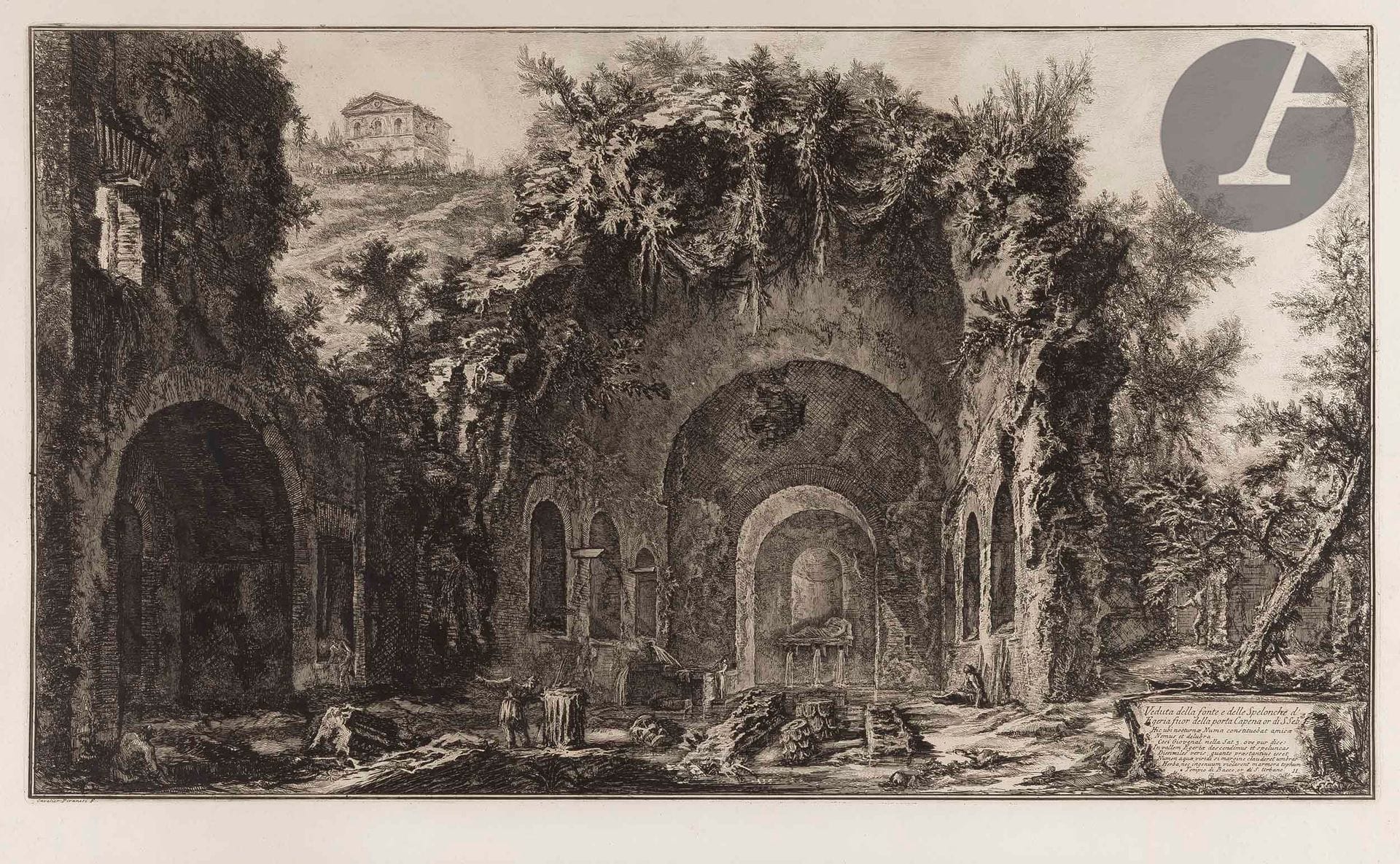 Giambattista Piranesi (1720-1778)
Veduta delle fonte et delle Spelonche d’Egeria… (La Source et la grotte d’Égérie). 1766. Eau-forte et burin. 690 x 405 [760 x 540]. Hind 80 (iii/v). Très belle épreuve sur vergé fort, avant les numéros à droite. Numéro de folio 64 à la plume et à l’encre sépia dans l’angle supérieur droit. Bord gauche irrégulier, déchiqueté, avec petits trous d’onglets de reliure et manques. Grandes marges. 1er tirage parisien.