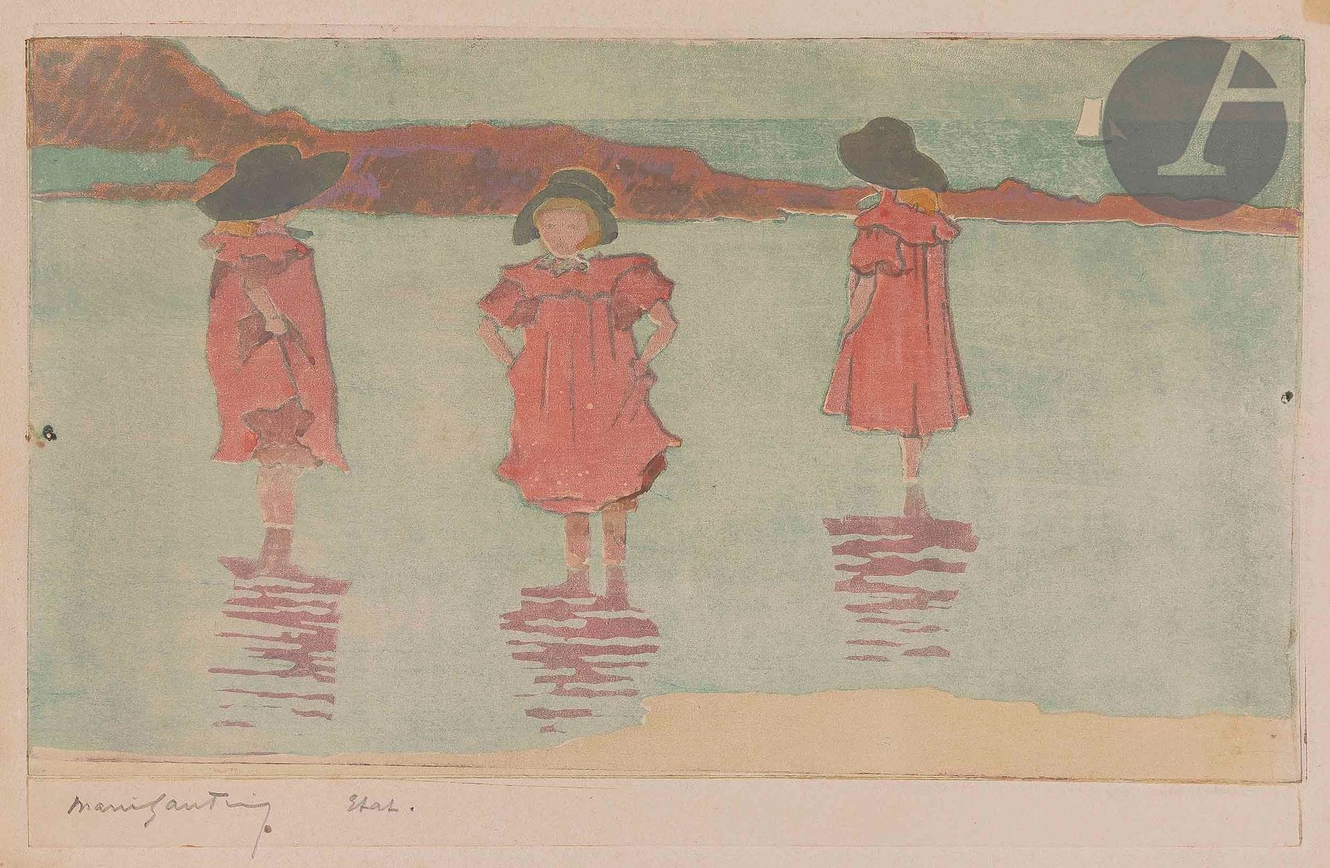 Marie Gautier (1867-1960)
Trois fillettes au bord de la mer. Vers 1900. Aquatinte. 245 x 157. Impression en couleurs. Belle épreuve sur vélin ivoire, signée et annotée « Etat » au crayon. Petites traces de colle oxydées dans les angles. Petites marges normales. Rare.