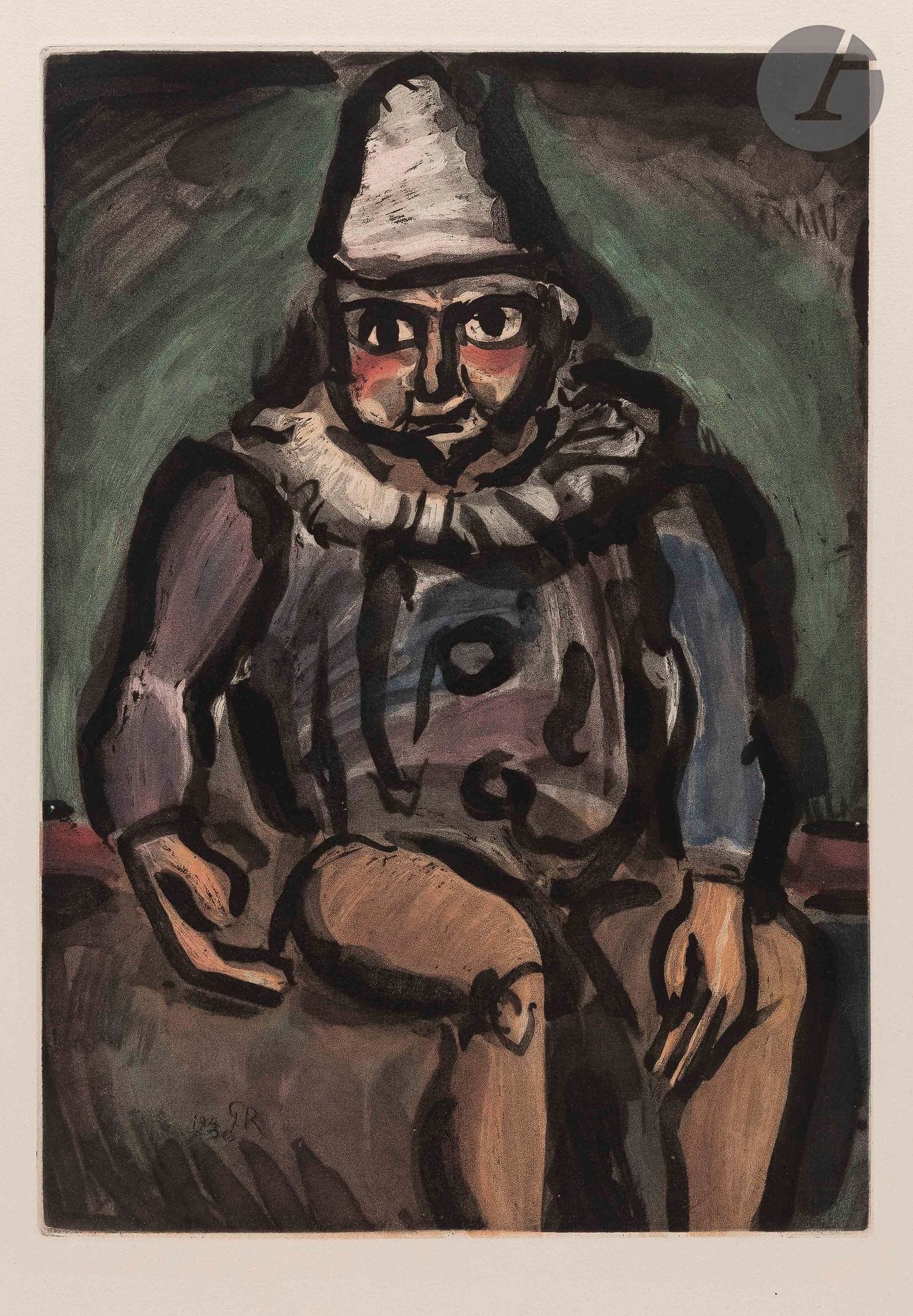 *Georges Rouault (1871-1958)
Le Vieux clown. 1930. Aquatinte. 230 x 325. Chapon et Rouault 202. Impression en couleurs. Très belle épreuve sur vergé crème. Bandes claires d’oxydation aux bords du feuillet. Toutes marges non ébarbées.

 Pl. prévue pour illustrer l’ouvrage d’André Suarès, Cirque – voir note au n° 310.