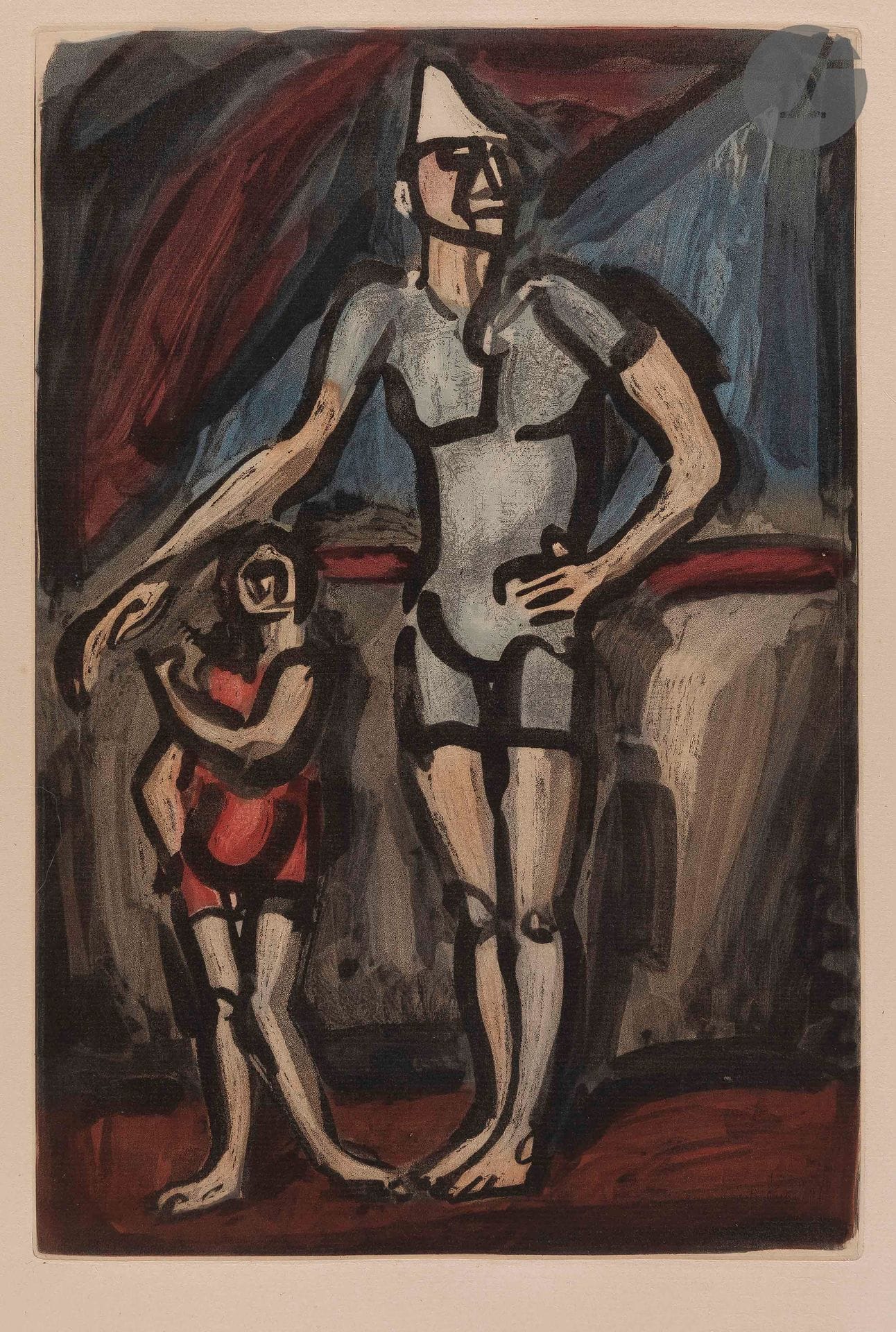 Georges Rouault (1871-1958)
Clown et enfant. 1930. Aquatinte. 210 x 306. Chapon et Rouault 201. Impression en couleurs. Très belle épreuve sur vergé crème. Légère oxydation du feuillet et très fine bande rousse à l’extrême bord des marges. Toutes marges non ébarbées. 

Pl. prévue pour illustrer l’ouvrage d’André Suarès, Cirque – finalement non publié par Vollard, qui « abandonna ce livre en 1932 pour des raisons d’opportunité commerciale, Suarès ayant violemment attaqué l’Amérique où le marchand de tableaux recrutait une importante clientèle. » (F. Chapon, I. Rouault, Rouault, œuvre gravé, Monte Carlo, éd. A. Sauret, 1978, t. I, p. 324).