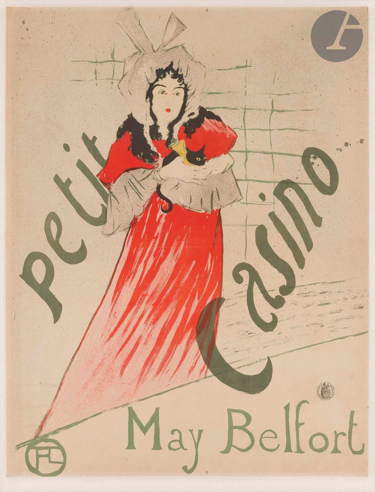 Henri de Toulouse-Lautrec (1864-1901)
May Belfort (Petit Casino). Affiche. 1895. Lithographie. La feuille : 620 x 805. Delteil 354 ; Wittrock P14. Impression en couleurs. Très belle épreuve sur vélin ivoire, entoilée. Deux petites cassures obliques dans l’angle supérieur gauche. Fines traces de plis avec petit manque à l’intersection au centre dans le rouge de la robe et sous le bonnet à droite dans le noir du boa. Timbre d’affichage au-dessus du mot « Belfort ». Toutes marges. Rare.