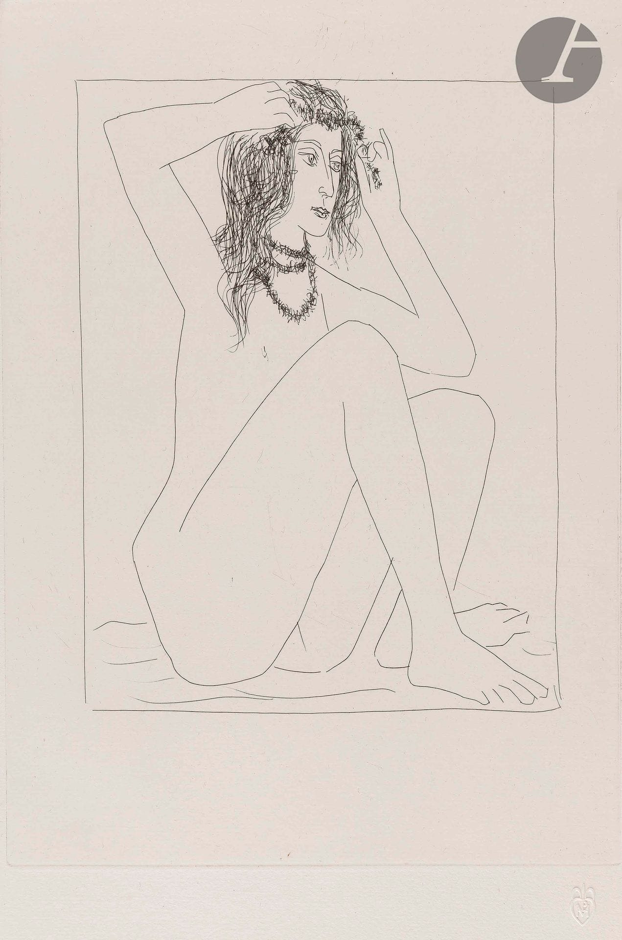 
Pablo Picasso (1881-1973)



Nude Woman Crowning herself with Flowers. (Suite Vollard, pl. 2). September 16, 1930. Etching. 220 x 310. Bloch 135; Baer 195 B d. A perfect proof on Montval laid paper watermarked "Vollard," from the edition of 260 small-margin proofs [340 x 445], unsigned. All margins unscratched. Dry stamp: H. M. Petiet (Lugt 5462).



Succession Picasso 2022