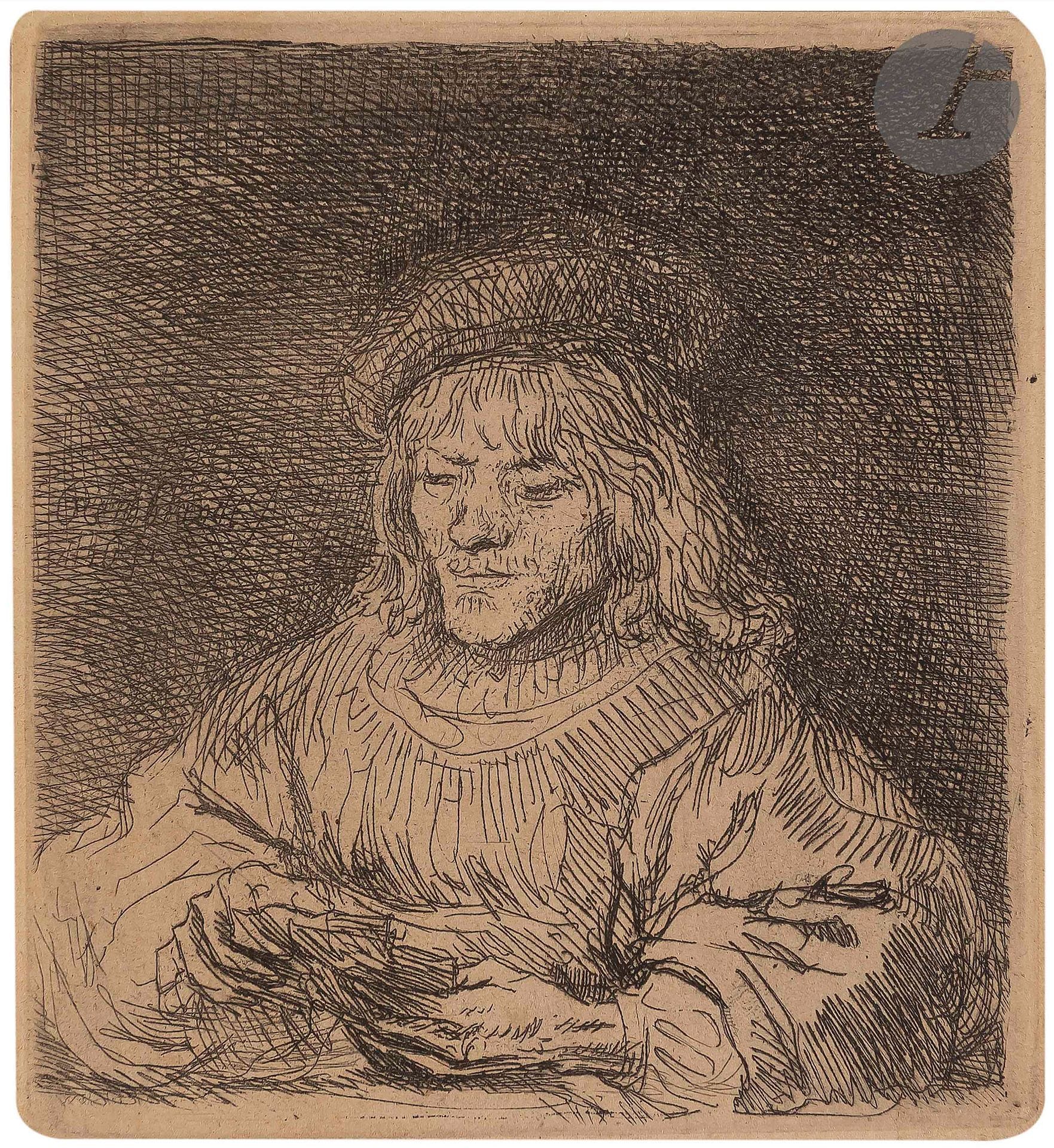 Rembrandt Harmensz. van Rijn (1606-1669)
Le Joueur de cartes (The Card Player). 1641. Eau-forte et burin. 85 x 91. Bartsch 136 ; New Hollstein 193. Belle épreuve sur vergé fort mécanique beige, avec de nombreuses reprises au burin dans le sujet, d’un tirage effectué par A. Beaumont (vers 1906), rognée sur le coup de planche.