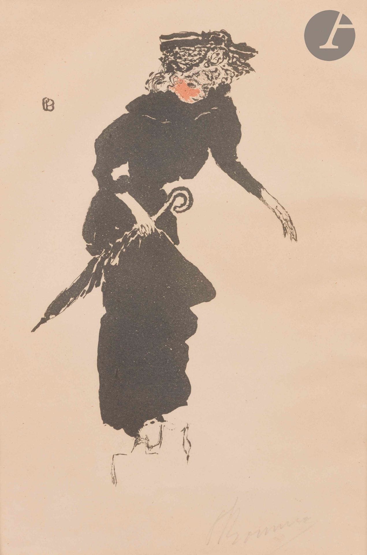 Pierre Bonnard (1867-1947
)Woman with an umbrella. 1895. Lithograph. 125 x 220 [245 x 323]. Bouvet 33. color print. Nice proof on ivory vellum, signed in pencil, from the deluxe edition at 110 proofs for the Album de la Revue blanche. Strong trace of oxidation at the opening of the mat. Ripples at the right edge, caused by the mounting tab on the reverse. All margins.

