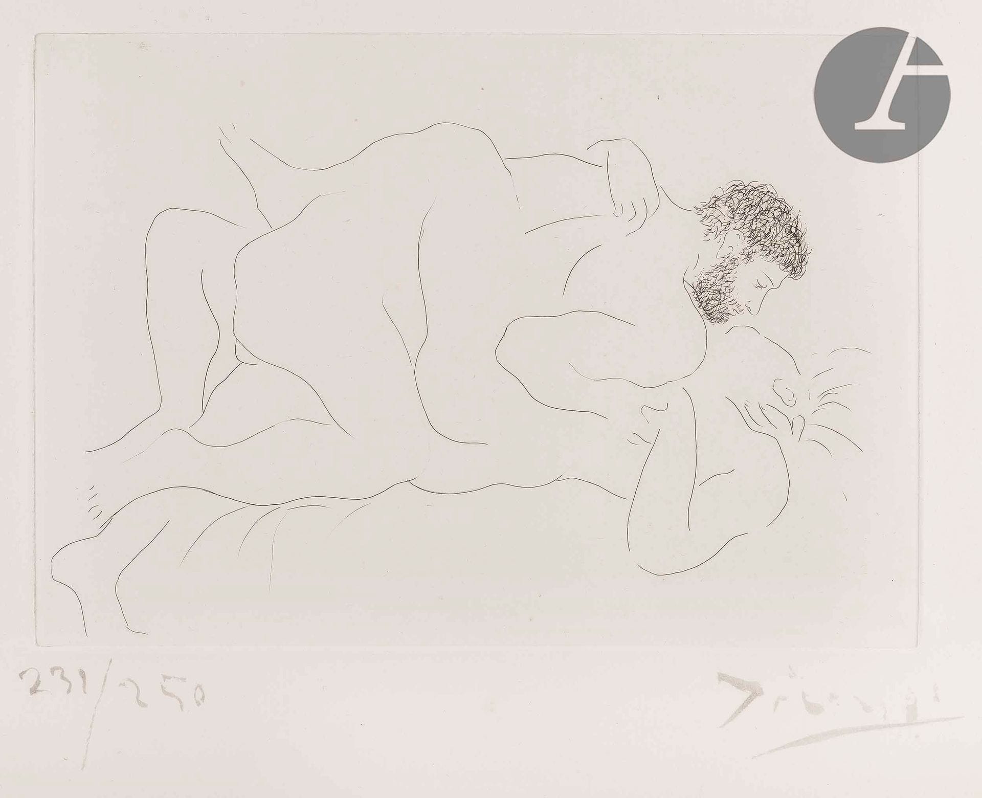 
Pablo Picasso (1881-1973)



Man and Woman. 1927. Etching. 280 x 196. Bloch 77; Baer 118 b 2; Johnson 91. Very nice proof on strong white vellum, numbered and signed in brush and sepia ink. A few tiny freckles. All margins untrimmed. Edition of 250 proofs. A. Vollard ed.



Succession Picasso 2022