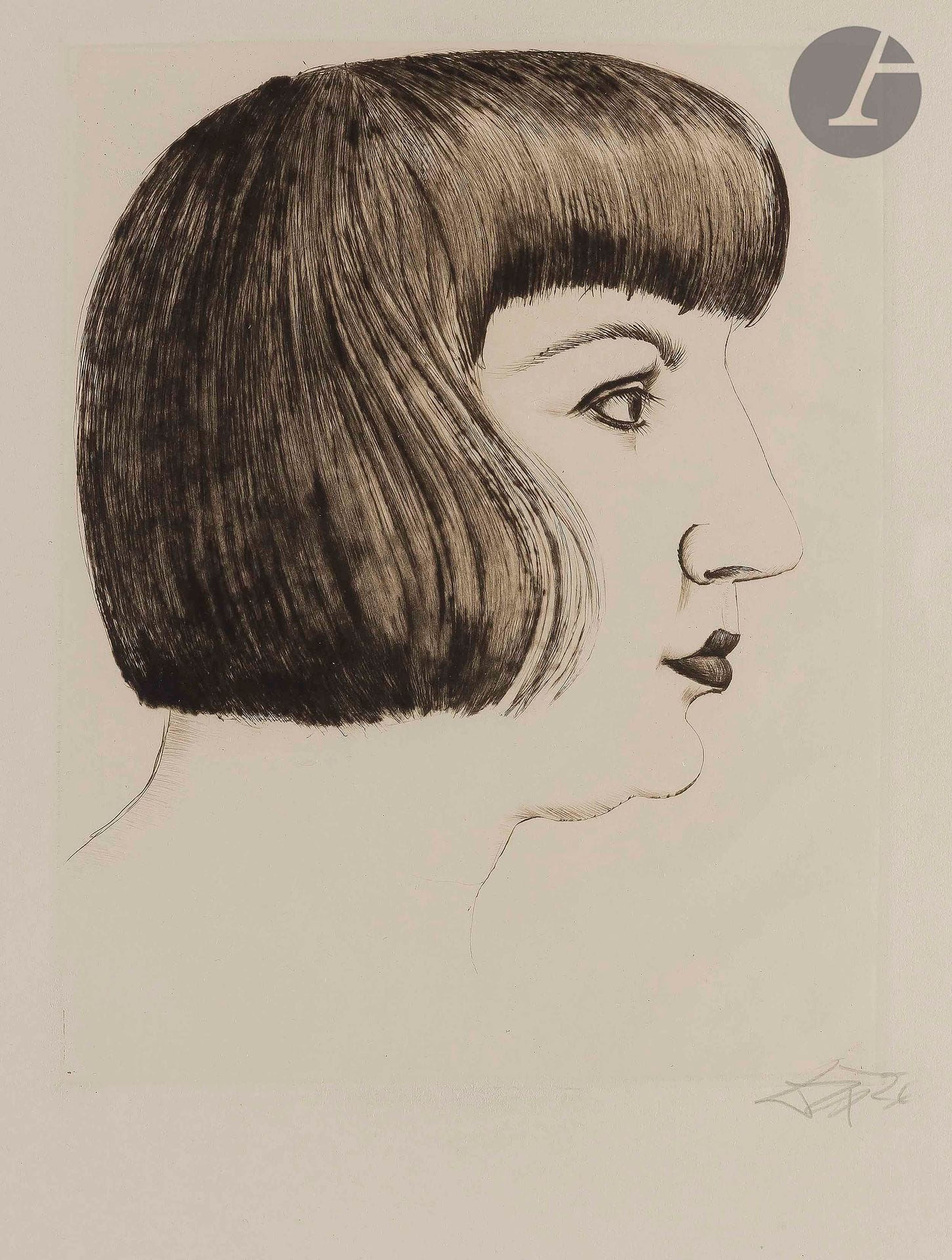 Otto Dix (1891-1969)
Mutzli (Bildnis Frau Dix) (Portrait de Martha Dix, femme de l’artiste). 1924. Pointe sèche. 192 x 245. Karsch 123. Très belle épreuve sur vélin ivoire, signée et annotée « 26 » au crayon. Petites traces de colle ou épidermures dans les angles au verso. Petit reste d’adhésif en pied au centre au verso. Toutes marges.