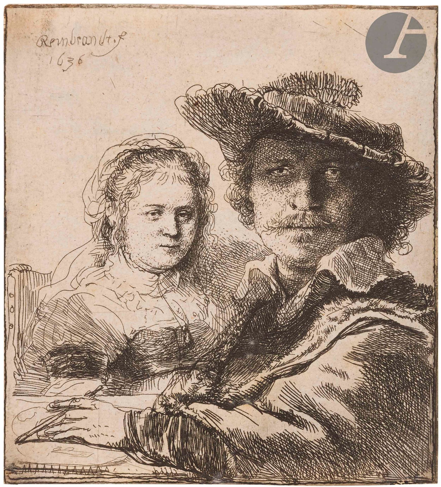 Rembrandt Harmensz. van Rijn (1606-1669
)Rembrandt and his wife (Self-Portrait with Saskia). 1636. Etching. 92 x 102. Bartsch 19; New Hollstein 158 (iii/iv). A very fine and bright proof on thin laid paper, trimmed to the square line, with the visible scratches on Saskia's bust and across Rembrandt's hand, lacking the acid trace (false bite) to the right of the neck. On verso, small restored thinning at right edge and other small restorations at corners, slightly noticeable on recto. Remainder of gummed paper at head on verso (with corresponding fold marks on recto). A spot of rust on the reverse. Fragment of watermark. On verso, initialed in pen and sepia ink at foot and small annotations in pencil at upper right.
