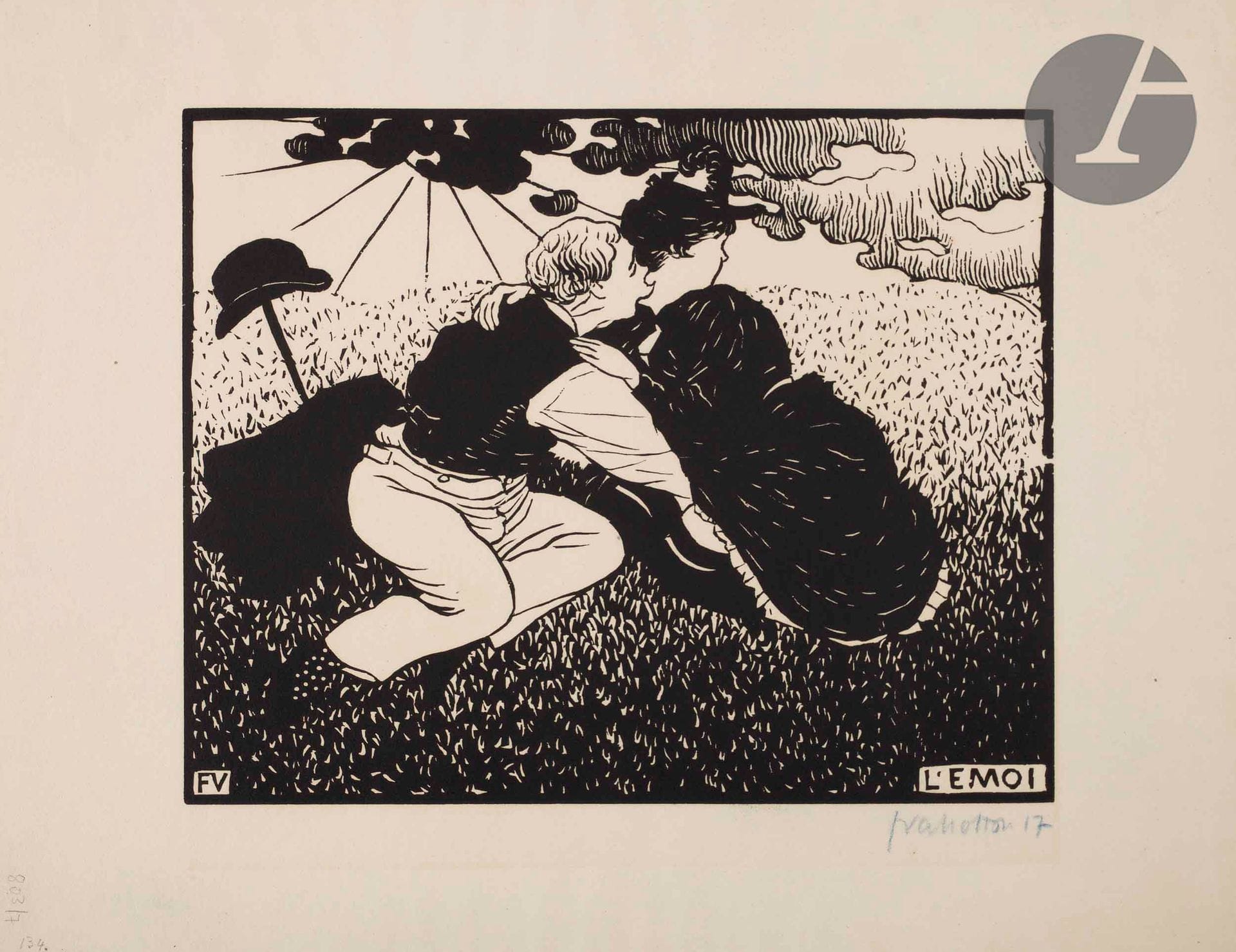 *Félix Vallotton (1865-1925)
L’Émoi. 1894. Bois gravé. 225 x 180 [323 x 250]. Vallotton et Goerg 135 a. Très belle et fraîche épreuve sur vélin ivoire, signée et numérotée au crayon bleu. Petites ondulations en tête, causées par les onglets de montage au verso. Toutes marges. Tirage à 75 épreuves.