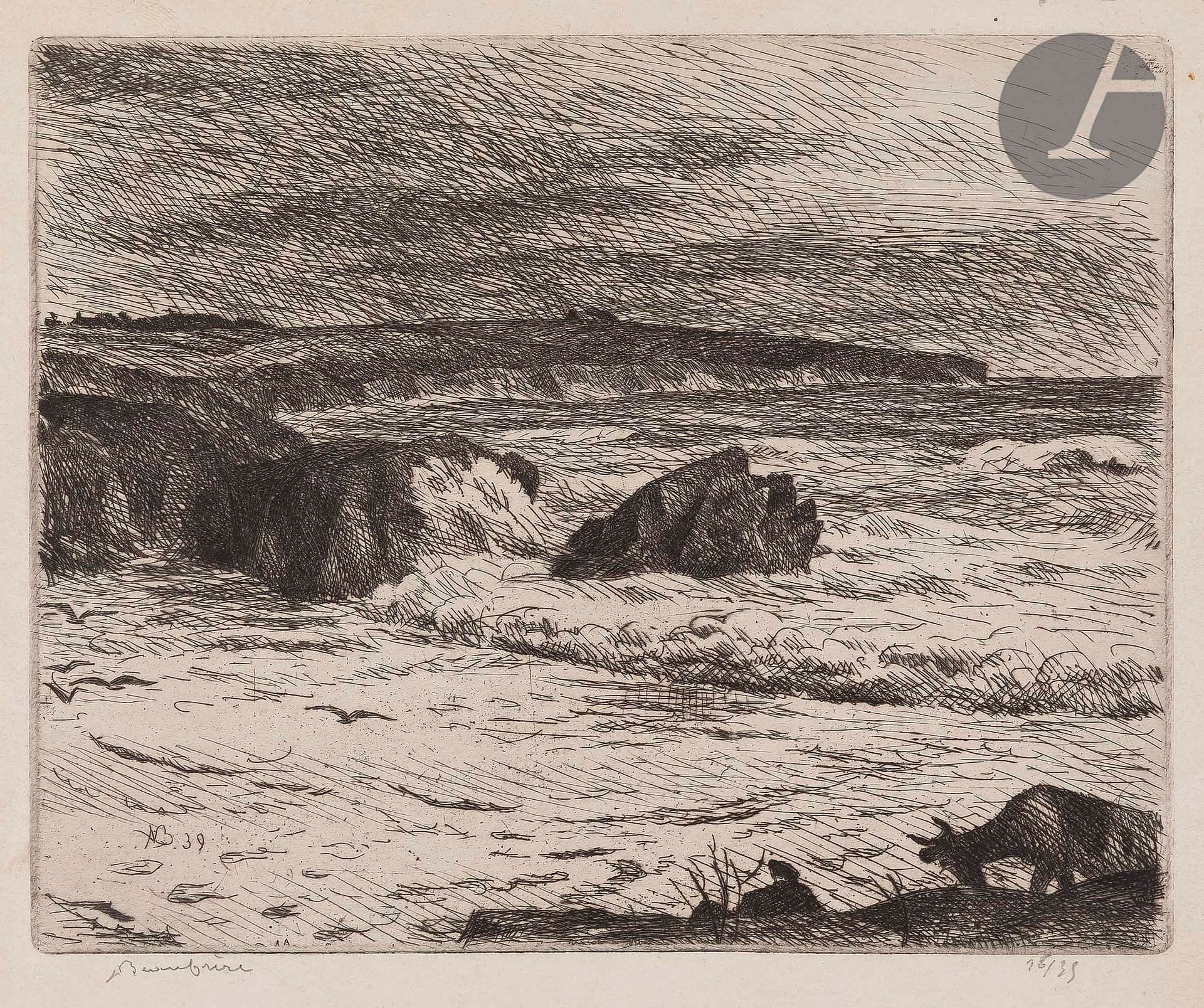 Adolphe Beaufrère (1876-1960)
Rochers à Kerehou, Le Pouldu. 1939. Eau-forte. 200 x 160. Morane 39-03. Très belle épreuve sur vélin crème, signée, numérotée et titrée au crayon. Toutes marges. Tirage à 35 épreuves.
