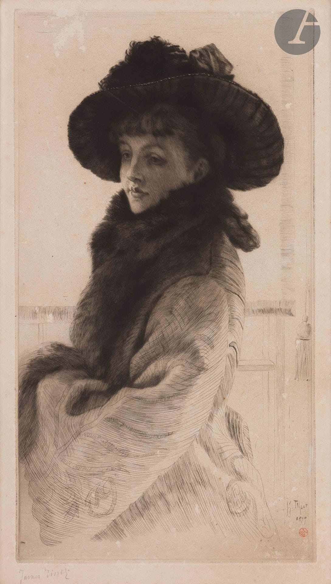 James J.-J. Tissot (1836-1902)
Mavourneen, ou Portrait de Kathleen Newton. 1877. Pointe sèche. 200 x 370. Wentworth 31. Bonne épreuve sur vergé ivoire, signée au crayon et timbrée (Lugt 1545), collée sur carton. Nombreuses épidermures en surface (causées par d’anciennes moisissures). Marges. Tirage à env. 100 épreuves. Cadre (sans verre).