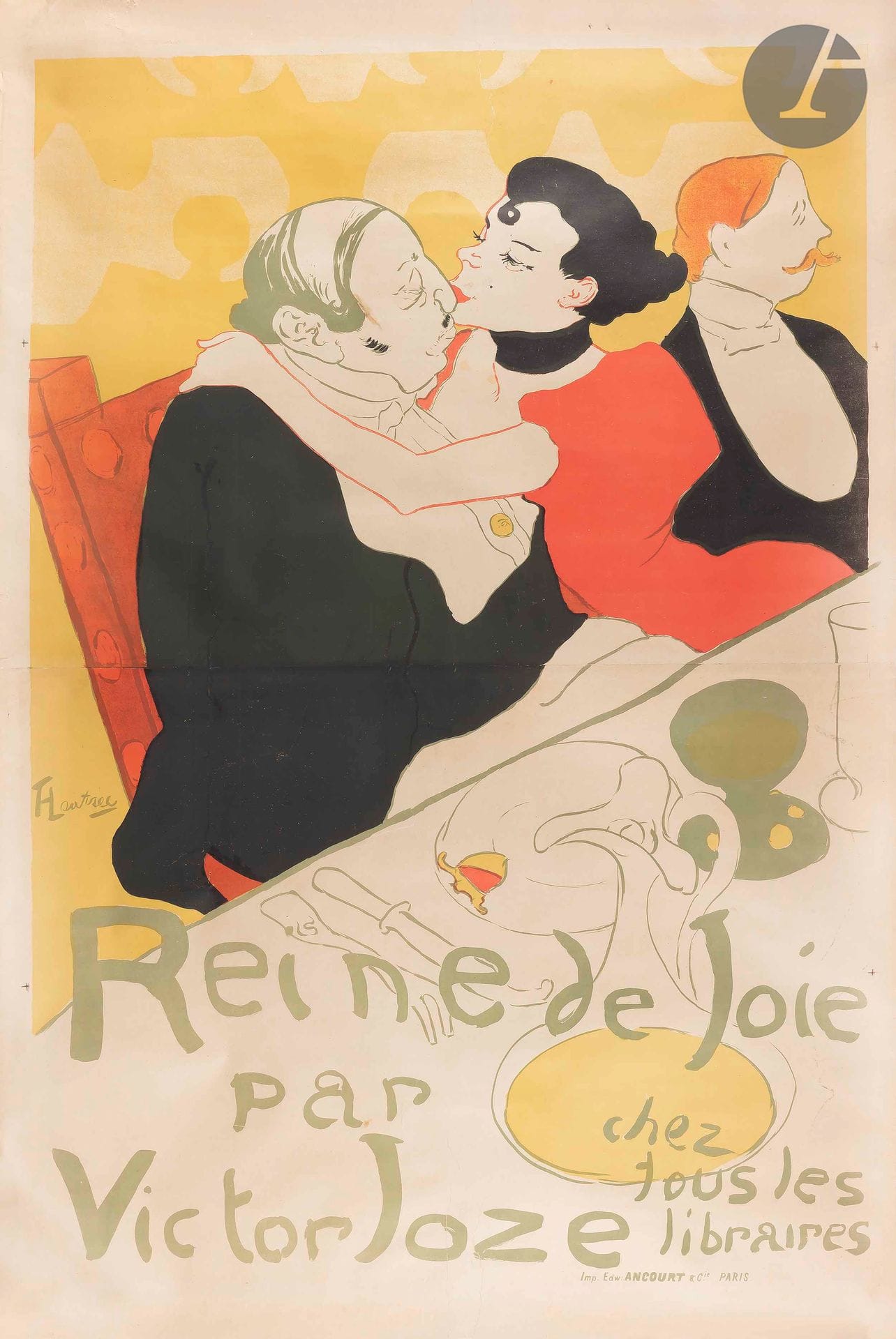 Henri de Toulouse-Lautrec (1864-1901)
Reine de joie. Affiche pour le roman de Victor Joze. 1892. Lithographie. La feuille : 985 x 1490. Delteil 342 ; Wittrock P3. Impression en couleurs. Très belle épreuve sur vélin mince, en deux morceaux raboutés, entoilée. Déchirures verticales de 25 et 15 cm atteignant la lettre en pied, avec plusieurs petits manques. Autre déchirure de 22 cm au centre en tête. Plusieurs petites fractures et quelques taches dans le sujet. Toutes marges.

Cette affiche fut commandée à Lautrec pour faire la promotion du roman de Victor Joze, Reine de joie, qui raconte les tribulations d’une jeune courtisane parisienne. Elle monnaie ses faveurs auprès du baron de Rosenfeld, un riche banquier juif. Celui-ci est un décalque à peine voilé du baron de Rothschild. L’affiche suscita des protestations et fut souvent arrachée des vitrines des libraires.