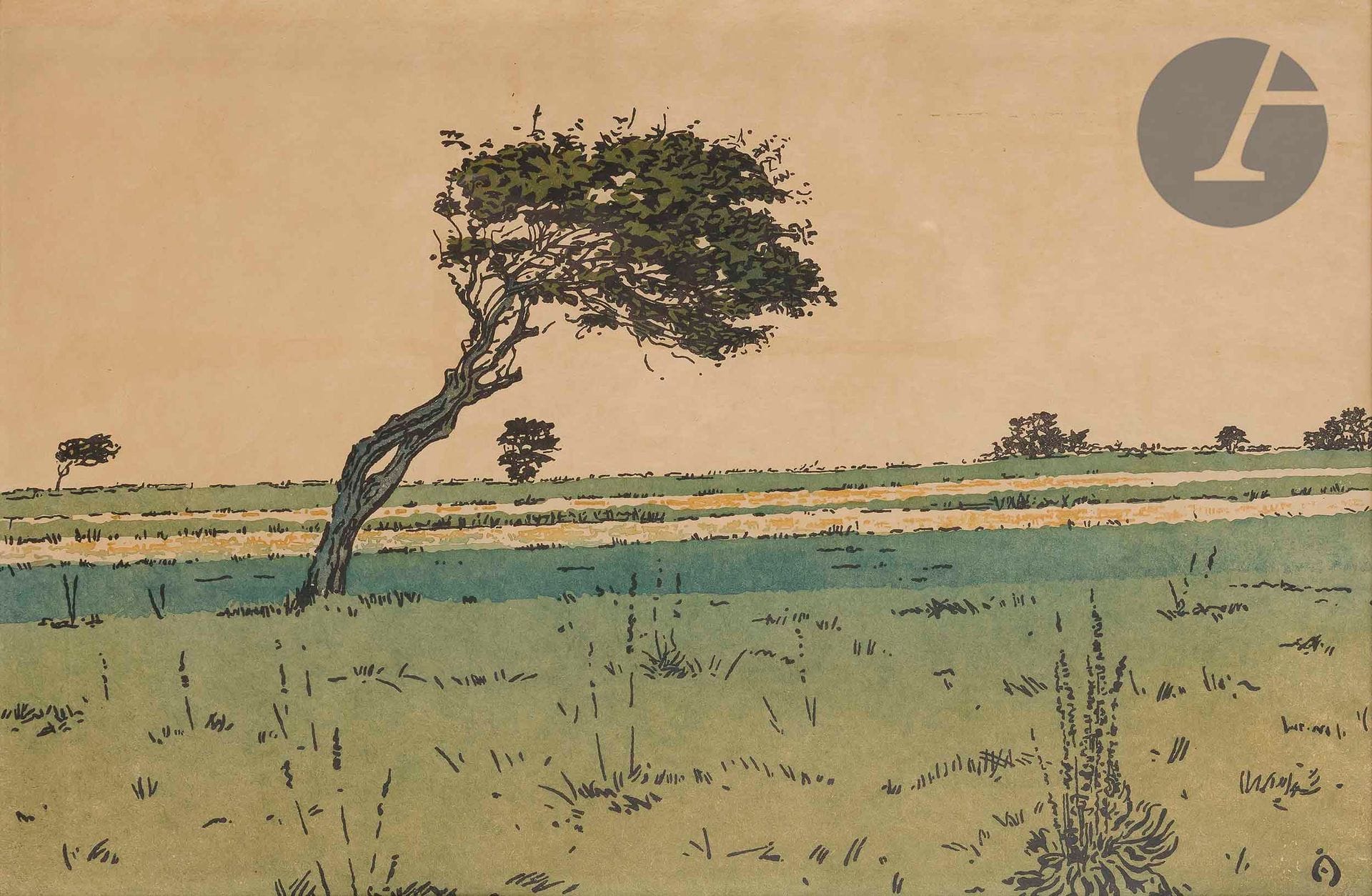 Amédée Joyau (1872-1913
)On the cliff (Donville). 1905. Transfer from a woodcut on zinc. Sight: 310 x 205. Curtis 58. Printed in colors. Nice proof on simili-japan, without apparent signature. Edition of about 35 proofs. Framed.
