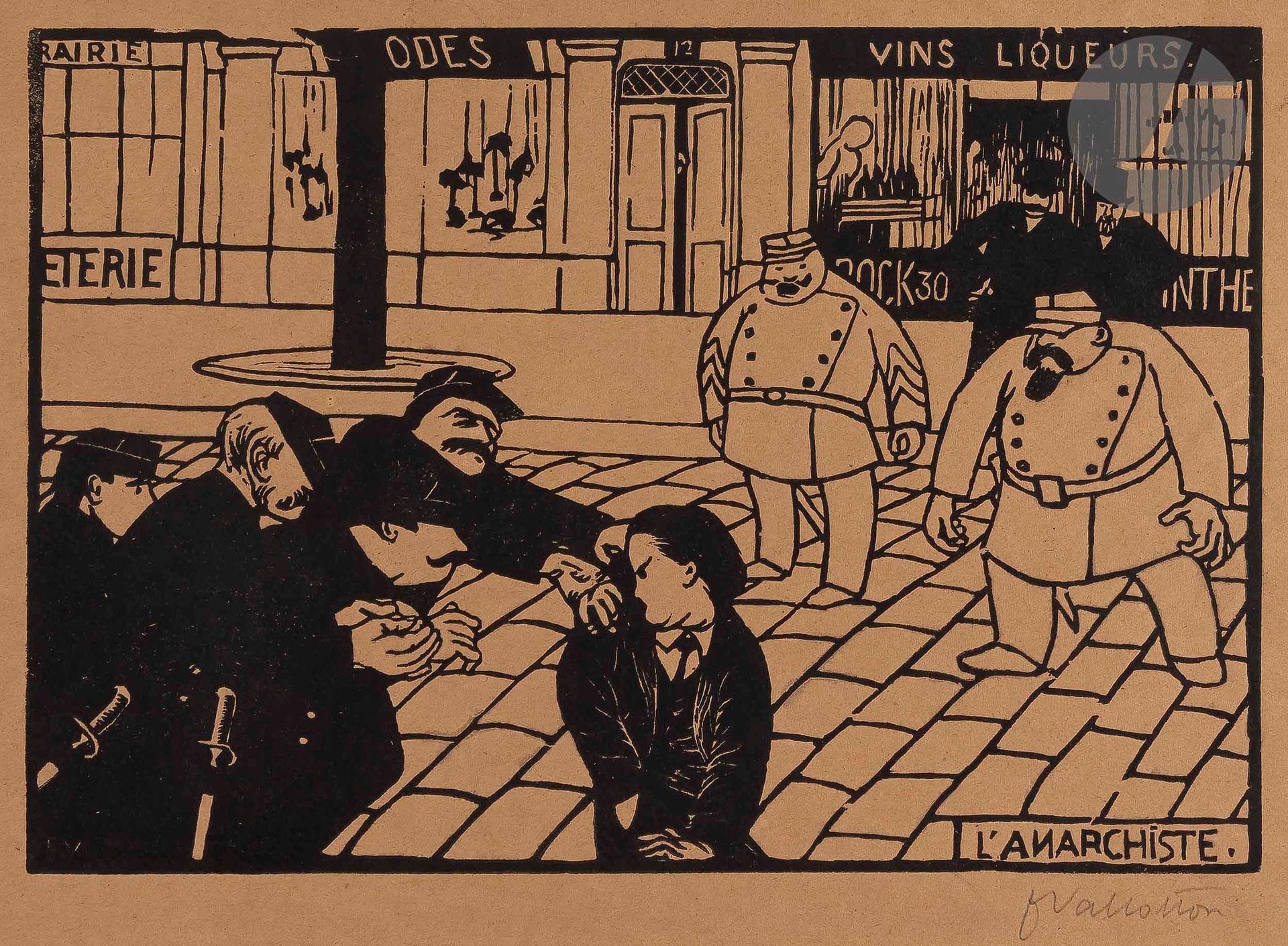 Félix Vallotton (1865-1925)
L’Anarchiste. 1893. Bois gravé. 250 x 170 [325 x 245]. Vallotton et Goerg 104 a. Épreuve sur vélin mince chamois, signée au crayon. Trous de punaises dans les angles du feuillet. Accidents et manques aux bords du feuillet, causés par la friabilité du papier. Une longue déchirure oblique dans l’angle supérieur droit, sommairement consolidée au verso. Toutes marges. Tirage à 100 épreuves. Joint : Sur ordre du sultan, vous avez vint quatre heures pour quitter la France. (Pl. pour le numéro spécial de L’Assiette au Beurre, n° 48, 1er mars 1902.). Zincographie. Vallotton et Goerg 76. La feuille : 240 x 318. Impression en couleurs. Très belle épreuve sur vélin mince. Ens. 2 p.