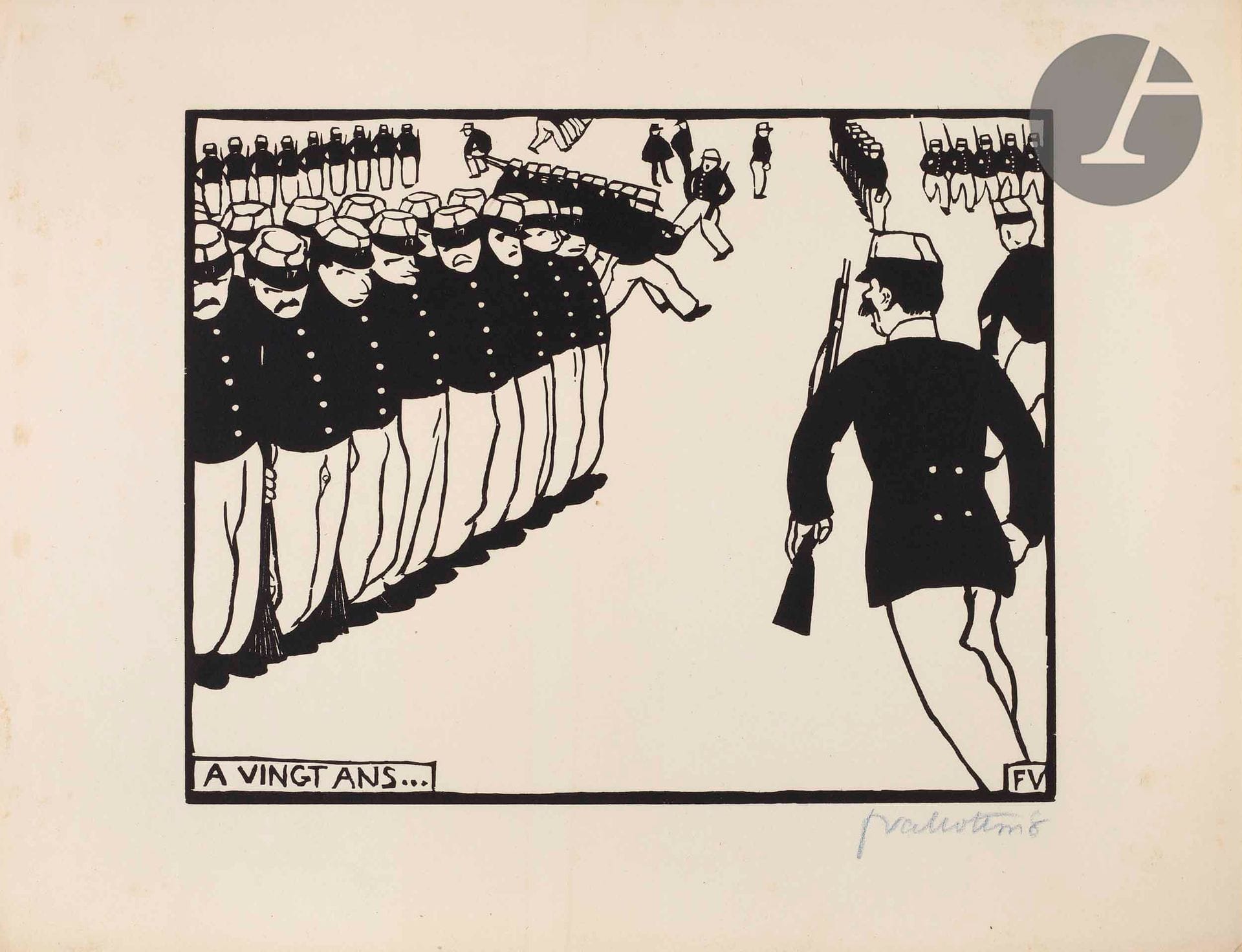 *Félix Vallotton (1865-1925)
A vingt ans. 1894. Bois gravé. 225 x 180 [325 x 250]. Vallotton et Goerg 134 a. Très belle et fraîche épreuve sur vélin ivoire, signée et numérotée au crayon bleu. Quelques rares rousseurs claires, notamment au bord gauche. Au verso, deux petits restes d’onglets de montage oxydés. Toutes marges. Tirage à 75 épreuves.