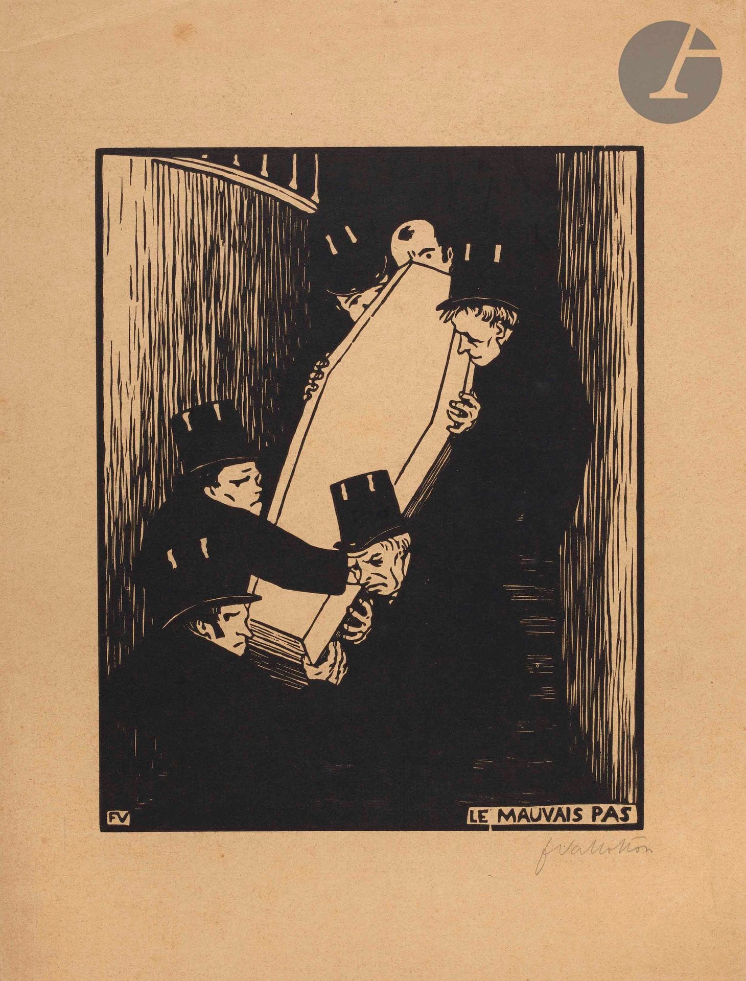*Felix Vallotton (1865-1925
) The wrong step. 1893. Woodcut. 180 x 225 [250 x 327]. Vallotton and Goerg 130 a. Very nice proof on buff vellum, signed in pencil. A few short tears at the edges of the folio. A tiny lack at the right edge. Short creases in the upper left corner. All margins. Edition of about 50 proofs. Ex-coll. H. M. Petiet (Lugt 5031).
