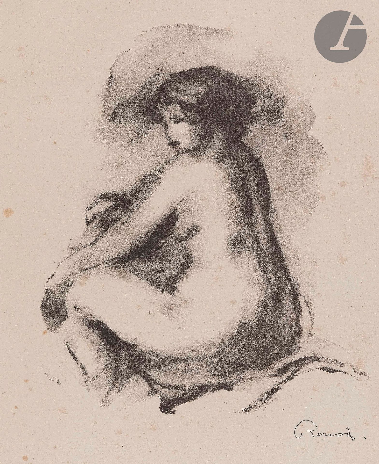 Pierre-Auguste Renoir (1841-1919)
Étude de femme nue, assise. 1904. (Pl. de l’album Douze lithographies originales, A. Vollard éd., 1919). Lithographie. 165 x 195. Delteil, Stella 42 ; Johnson 118-6. Bonne épreuve sur vélin, fortement oxydée. Rousseurs éparses. Infimes accidents aux bords du feuillet. Bonnes marges.