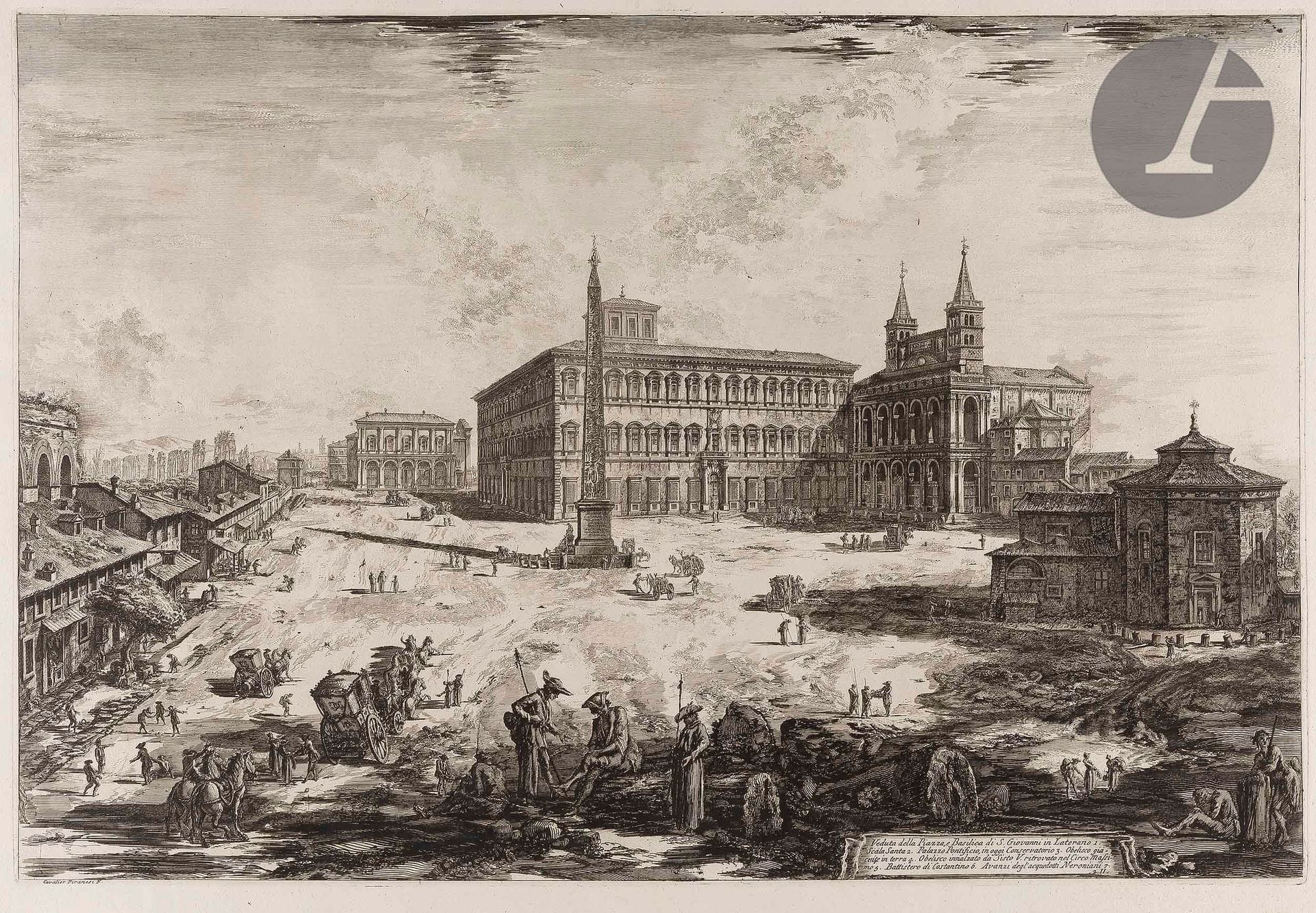Giambattista Piranesi (1720-1778)
Vues de la basilique Saint-Jean de Latran. 1749-1775. Eau-forte et burin. Chaque feuille : 765 x 540. Hind 8, 88, 117 et 122. Très belles épreuves sur vergé fort, avant les numéros à droite. Numéro de folio à la plume et à l’encre sépia dans l’angle supérieur droit. Menus accidents et quelques rousseurs aux bords des feuillets. Bord gauche irrégulier, déchiqueté, avec petits trous d’onglets de reliure et manques. Grandes marges. 1er tirage parisien. Ens. 4 p.