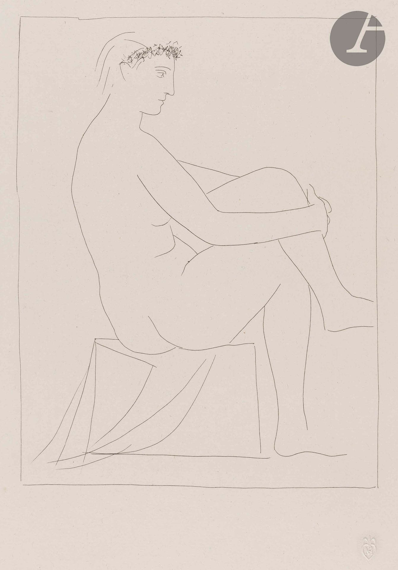 
Pablo Picasso (1881-1973)



Femme nue couronnée de fleurs. (Suite Vollard, pl. 1). 6 septembre 1930. Eau-forte. 221 x 310. Bloch 134 ; Baer 192 B d. Parfaite épreuve sur vergé de Montval filigrané « Vollard », du tirage à 260 épreuves à petites marges [340 x 445], non signée. Toutes marges non ébarbées. Timbre sec : H. M. Petiet (Lugt 5462).



© Succession Picasso 2022