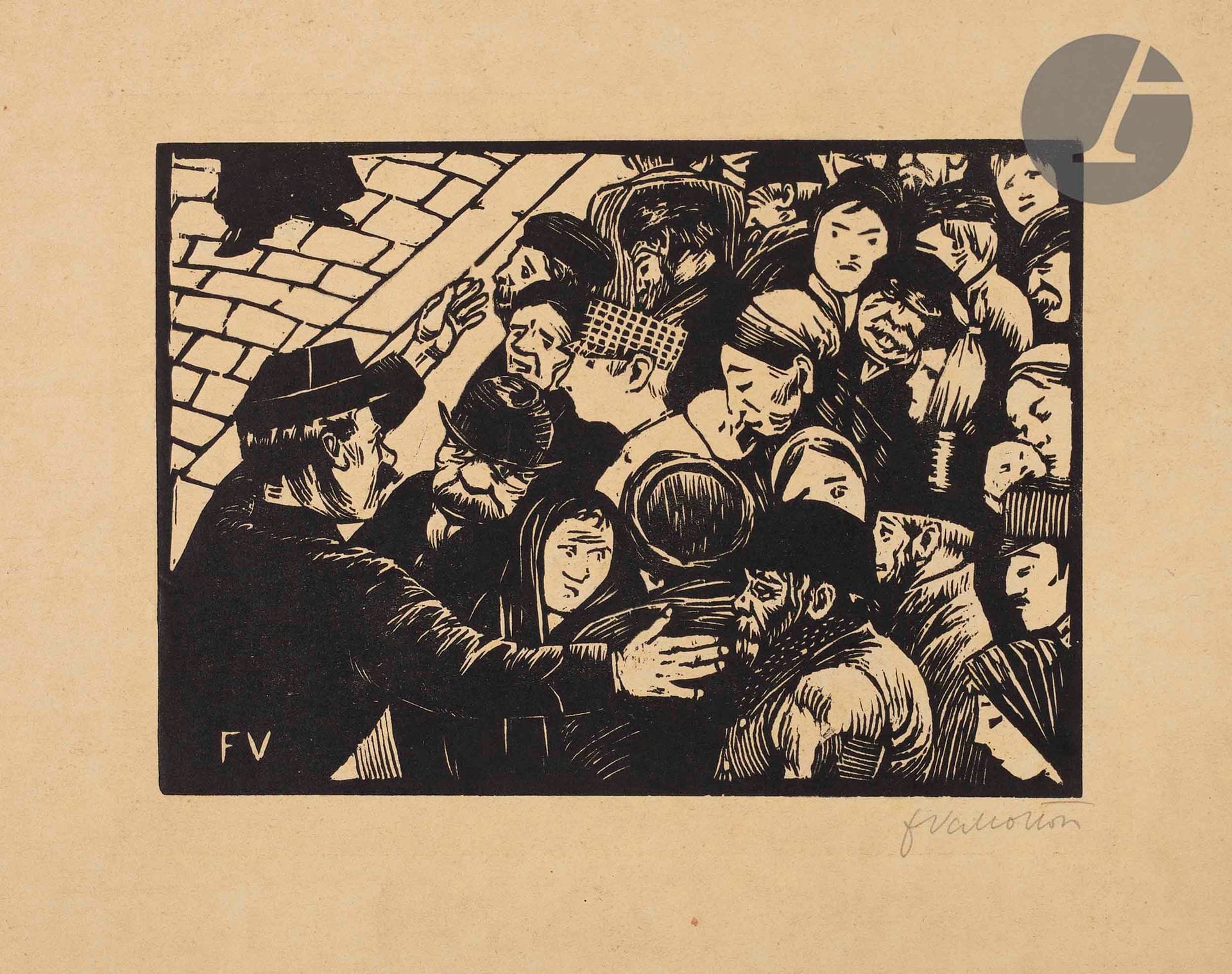 *Félix Vallotton (1865-1925)
La Foule à Paris. 1892. Bois gravé. 194 x 137 [320 x 247]. Vallotton et Goerg 91 a. Très belle épreuve sur vélin chamois, signée au crayon. Quelques rares points de rouille marginaux. Toutes marges. Rare. Tirage à environ 20 épreuves. Ex-coll. H. M. Petiet (Lugt 5031).