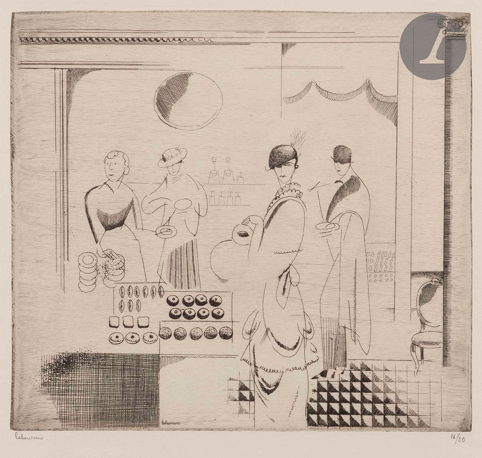 *Jean-Emile Laboureur (1877-1943
) The Pastry Shop. 1914. Etching. 200 x 185. Laboureur 137. Very nice proof on thin vellum, signed and numbered in pencil. Thin band of glue at the head on the verso, perceptible on the recto. All margins. Edition of 20 proofs. Ex-coll. H. M. Petiet (Lugt 5031).
