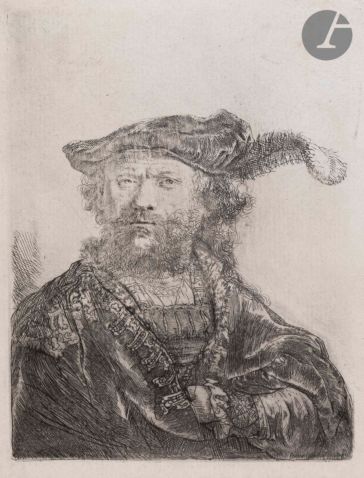 Rembrandt Harmensz. van Rijn (1606-1669)
Rembrandt au bonnet orné d’une plume (Self-Portrait in a Velvet Cap with Plume). 1638. Eau-forte et burin. 105 x 132. Bartsch 20 ; New Hollstein 170. Belle épreuve sur vergé fort mécanique blanc, le cuivre très usé, avec reprises au burin et traces d’essuyage perceptibles dans le visage et dans les fonds, d’un tirage effectué par A. Beaumont (vers 1906). Auréole d'humidité au bord gauche au verso et trace de colle en tête au bord droit. Marges étroites.