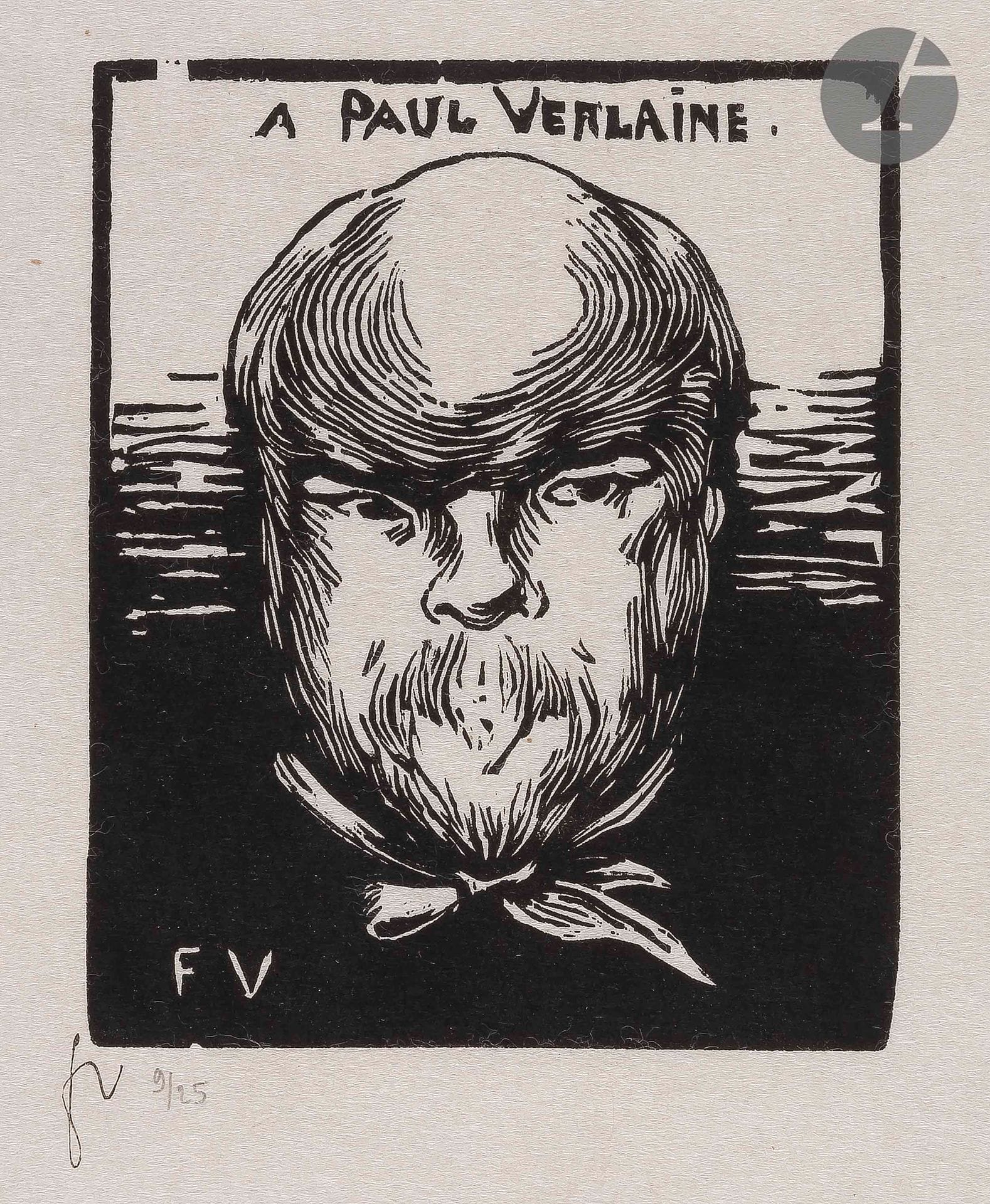 Félix Vallotton (1865-1925)
À Paul Verlaine. 1891. Bois gravé. 105 x 130. Vallotton et Goerg 80 d. Très belle épreuve sur japon, timbrée (Lugt 1051a) et numérotée au crayon, du tirage posthume à 20 épreuves. Très fines traces de plis obliques dans l’angle supérieur gauche du feuillet. Toutes marges.