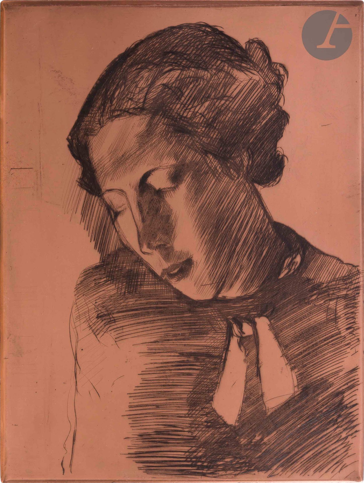 Pierre Guastalla (1891-1968
)Woman in bust, head bowed. About 1930. Copper engraved with drypoint. 150 x 200. Beveled, rounded corners. Inked and varnished.
