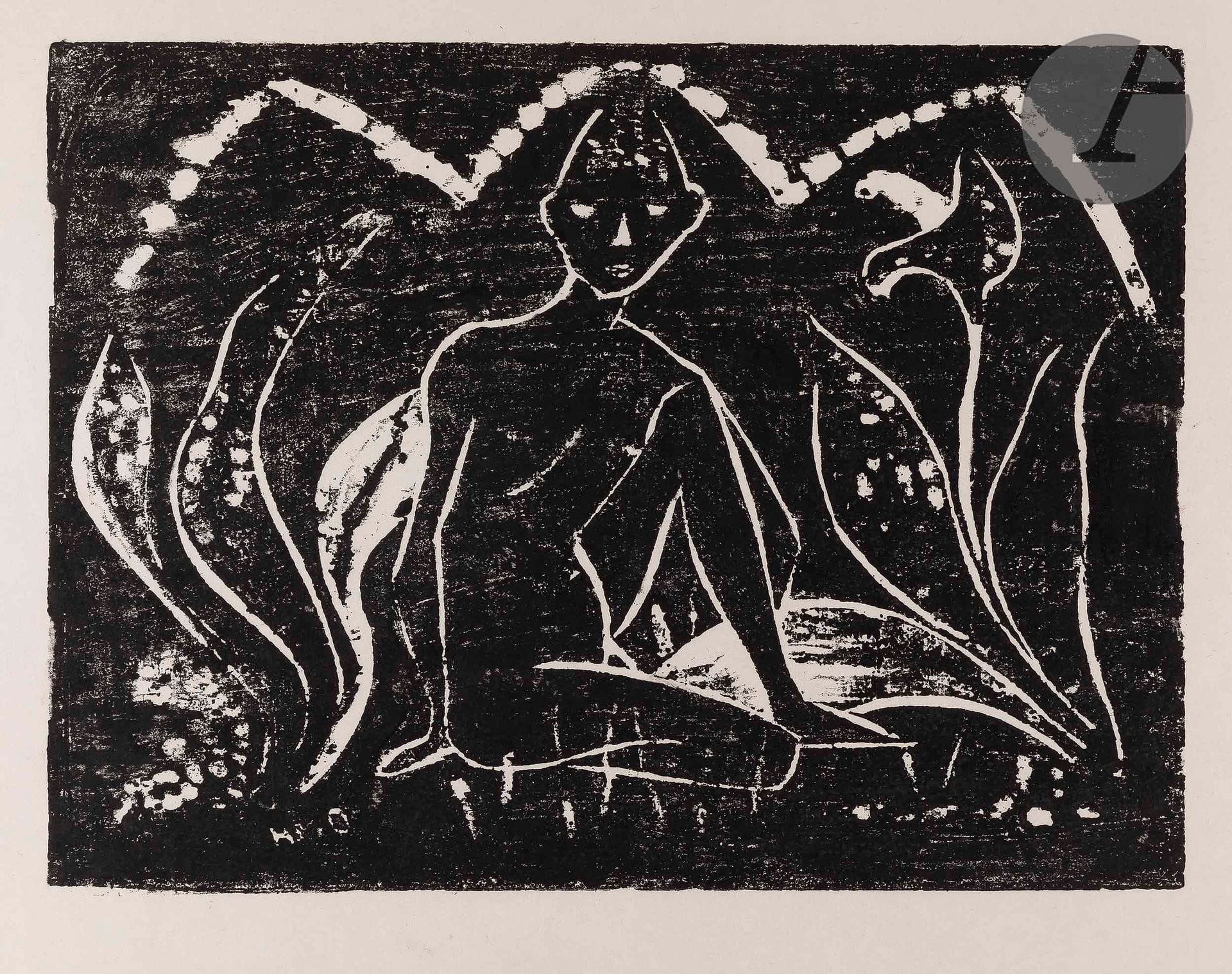 Otto Müller (1874-1930)
Knabe zwischen Blattpflanzen (Jeune garçon parmi des feuillages). 1912. Bois gravé. 370 x 275 [500 x 350]. Karsch 2. Très belle épreuve sur japon, d’un tirage postérieur, non signée. Traces d’encre en marge gauche. Annotations d’encadreur au bord droit au verso. Toutes marges.