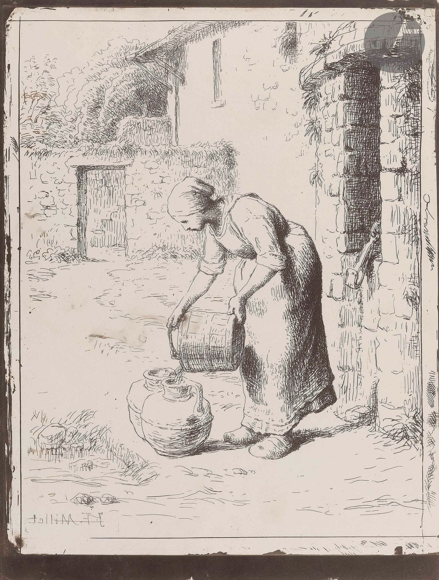 Jean-François Millet (1814-1875
)Woman emptying a bucket. About 1862. Glass plate. 245 x 323. Delteil 28. Very nice proof in black on thin cream vellum, probably a trial proof of the print made for Maurice Le Garrec in 1921.
