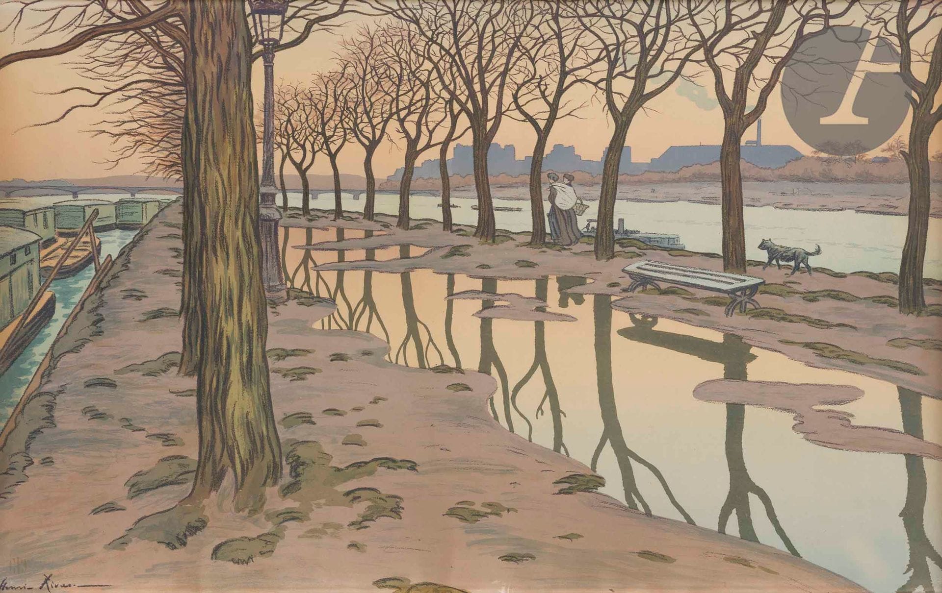 Henri Rivière (1864-1951)
L’Île aux Cygnes. (Paysages parisiens, pl. 1). 1900. Lithographie. 820 x 525. Fields p. 77 ; Sueur 121. Impression en couleurs. Belle épreuve sur vélin glacé ivoire, sans marges apparentes. Légères rousseurs claires. Cadre.
