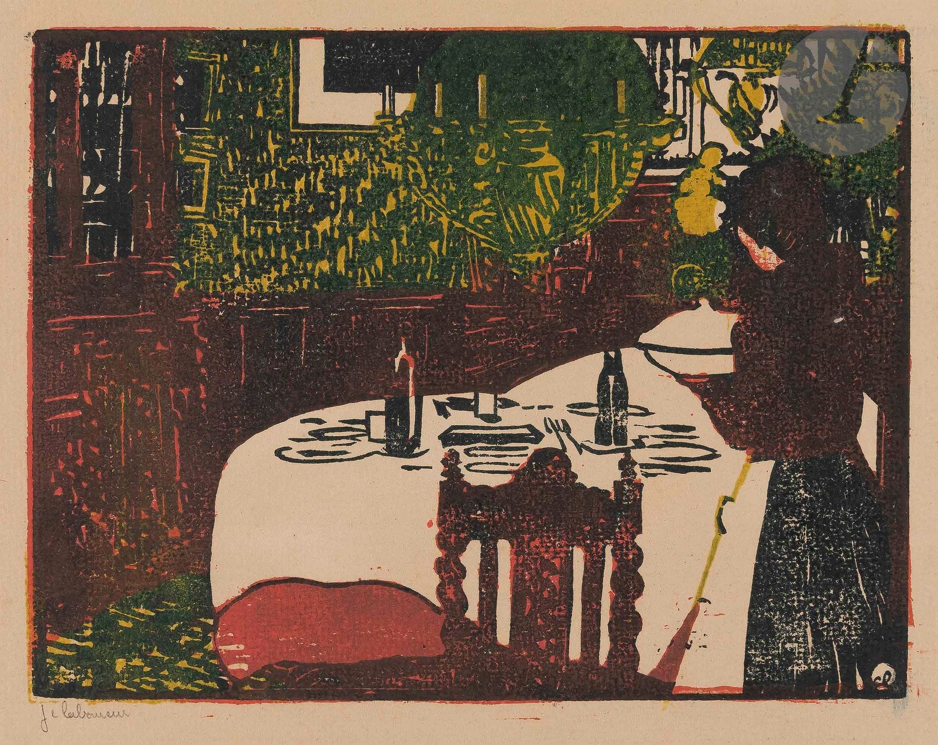 Jean-Émile Laboureur (1877-1943)
La Soupe. 1898 ou 1899. Bois gravé. 167 x 127. Laboureur 595. Impression en couleurs. Très belle et fraîche épreuve sur vergé ivoire texturé, signée au crayon. Trace verticale de frottement au bord droit du sujet. Infimes accrocs au bord inférieur du feuillet. Petites marges normales. Très rare. Tirage total à une dizaine d’épreuves. Ex-coll. H. M. Petiet (Lugt 5031).