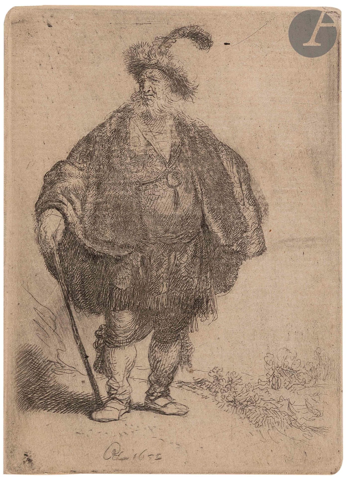 Rembrandt Harmensz. van Rijn (1606-1669)
Le Persan (The Persian). 1632. Eau-forte et burin. 80 x 107. Bartsch 152 ; New Hollstein 110. Belle épreuve sur vergé fort mécanique ivoire, le cuivre très usé, le fond comportant des traces d’essuyage, rognée sur le coup de planche, d’un tirage probablement effectué par Jean (XIXe s.). Traces de colle oxydées sur le pourtour au verso.
