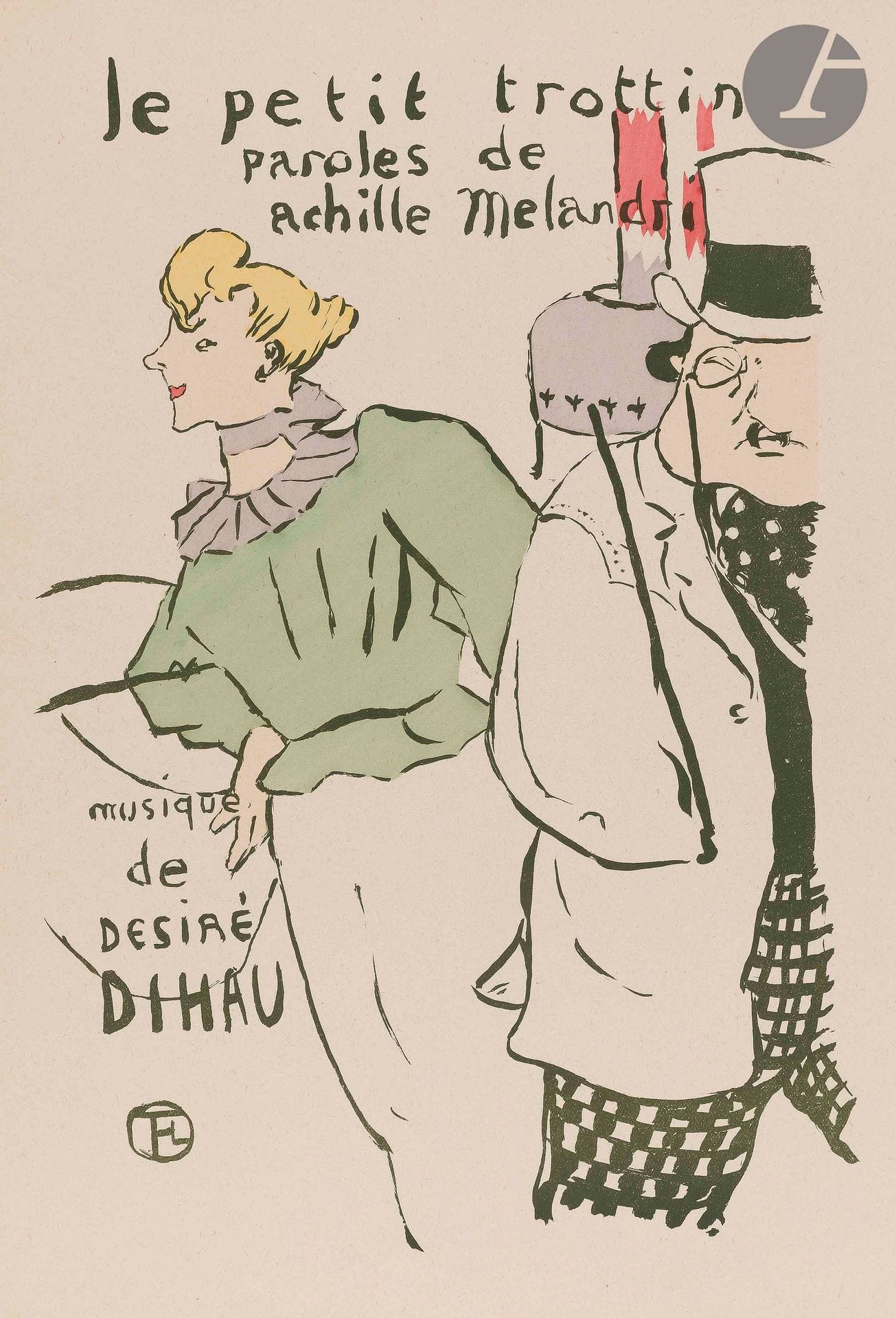 *Henri de Toulouse-Lautrec (1864-1901)
Le Petit trottin. 1893. Lithographie. 195 x 270. Delteil 27 ; Wittrock 14. Belle épreuve tirée en vert olive sur vélin, coloriée au pochoir, d’un tirage effectué après 1901. Légère oxydation, traces de plis et courtes déchirures aux bords du feuillet. Toutes marges.