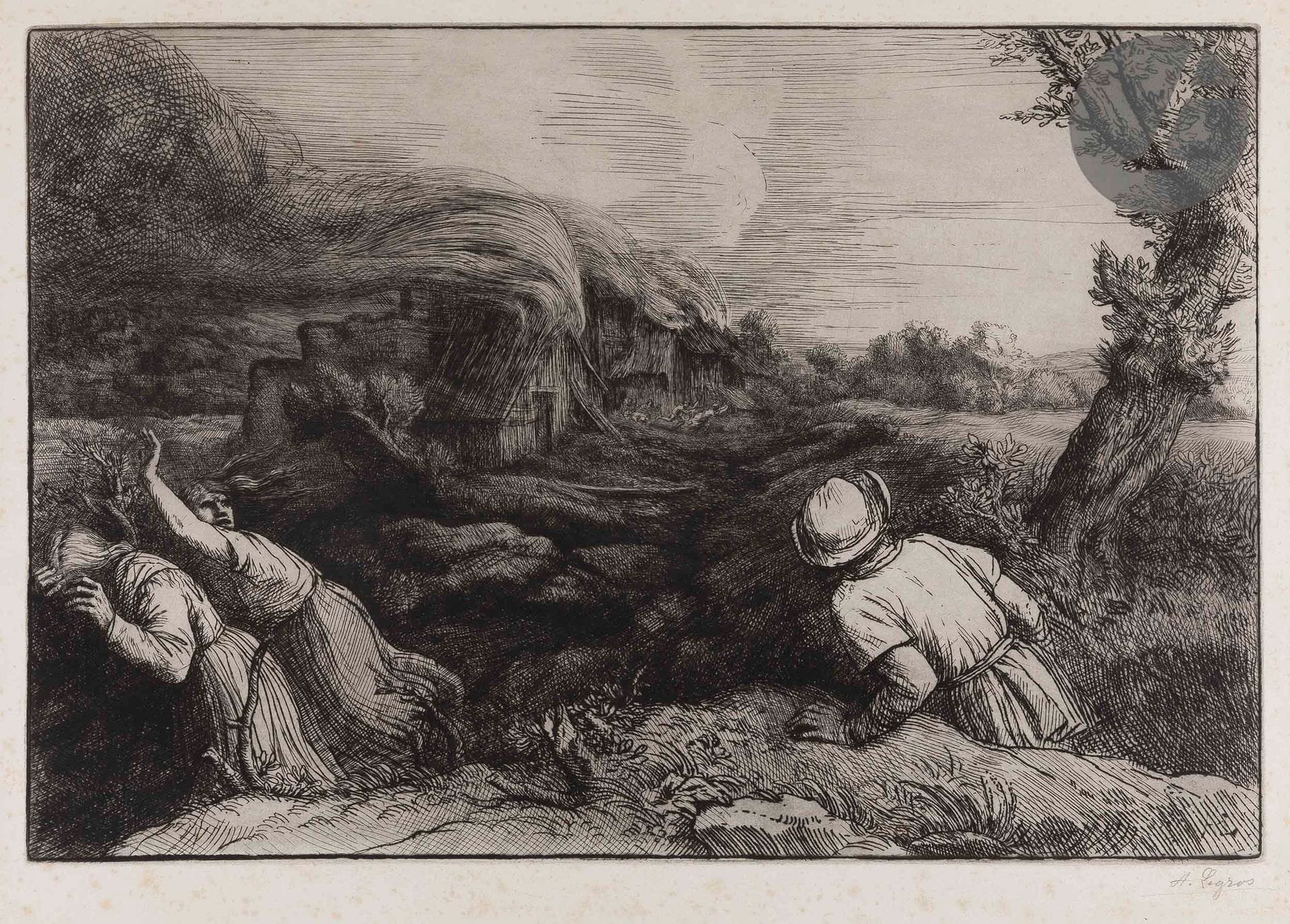 Alphonse Legros (1837-1911
)The Village in Flames, or The Fire of the Hamlet. 1893-1894. Etching. 565 x 388. Very nice proof on strong laid paper, of the 1st state (of 2), before reduction of the copper, signed in pencil then titled in the center at the foot. Many light freckles. All margins. Edition of 11 proofs.
