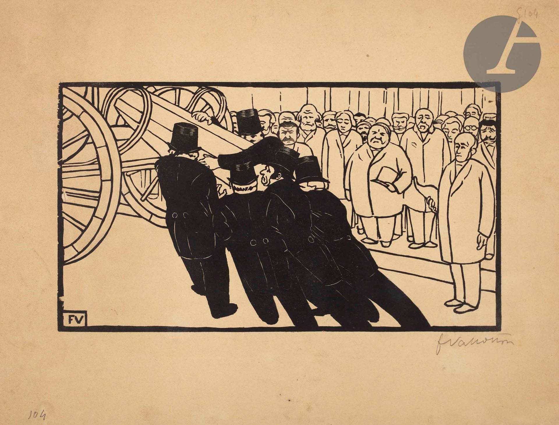 *Félix Vallotton (1865-1925)
Les Nécrophores. 1892. Bois gravé. 252 x 142 [326 x 247]. Vallotton et Goerg 106 a. Très belle épreuve sur vélin chamois, signée au crayon. Courts plis dans l’angle inférieur droit. Rousseurs claires. Petites déchirures au bord gauche au verso, anciennement restaurées. Toutes marges. Tirage à environ 50 épreuves. Ex-coll. H. M. Petiet (Lugt 5031).