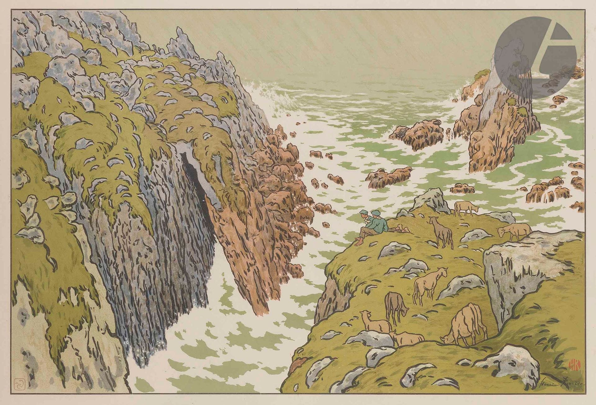 Henri Rivière (1864-1951)
La Falaise. (Aspects de la Nature, pl. 3). 1897. Lithographie. [895 x 645]. Fields p. 76. Impression en couleurs. Très belle et fraîche épreuve sur vélin glacé ivoire. Titre au crayon par une main étrangère en pied du feuillet à gauche. Toutes marges. Cadre.