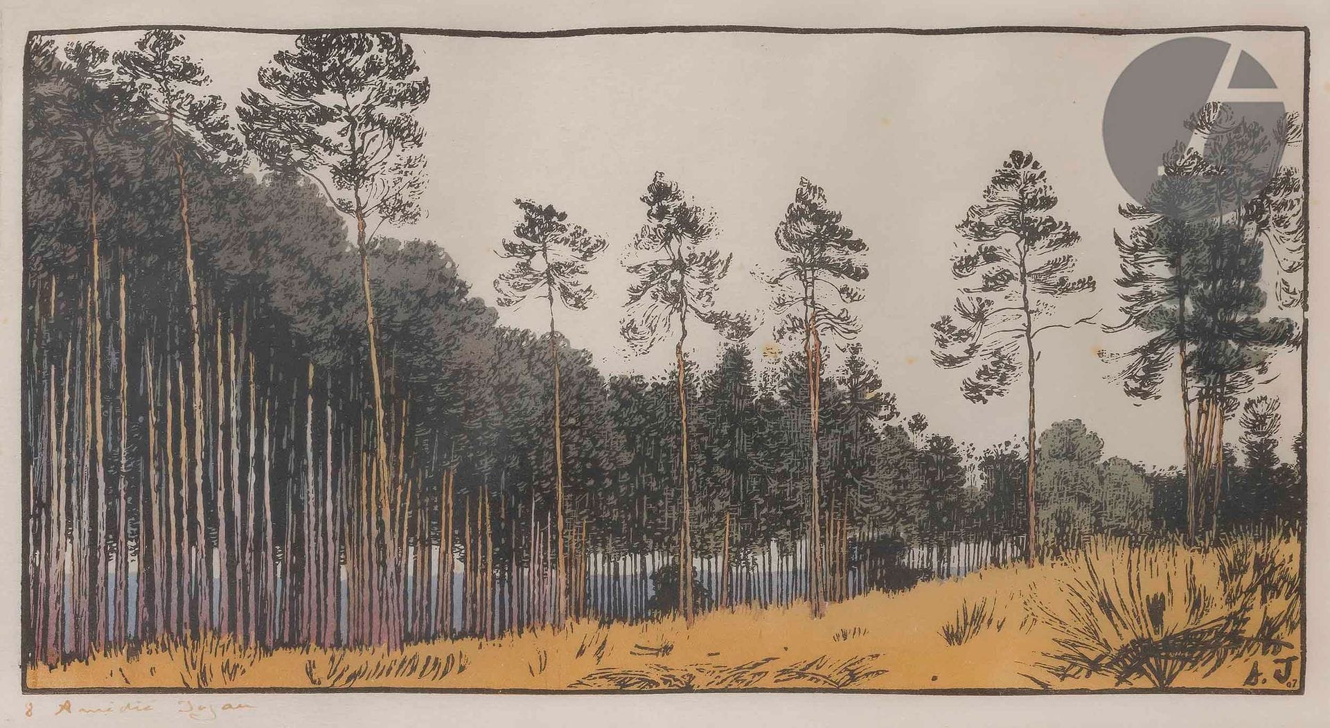 Amédée Joyau (1872-1913)
Le Bois de pins (Fontainebleau). 1907. Bois gravé. À vue : 338 x 205. Curtis 63. Impression en couleurs. Belle épreuve sur japon vergé mince, numérotée et signée à la plume et à l’encre sépia. Quelques rares rousseurs claires. Marges. Tirage à 50 épreuves. Cadre.