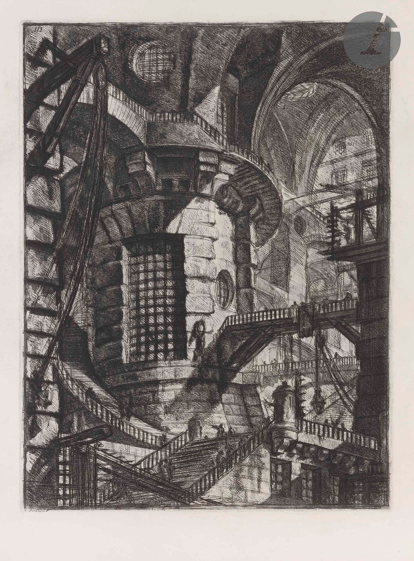 Giambattista Piranesi (1720-1778
)Carceri. 1749-1760. etching. Each sheet : 625 x 900. Robison 29 to 44. Complete suite of 16 plates. Beautiful proofs on strong white vellum, from the first half of the 20th century. Binding holes along one edge. Occasionally heavy foxing, oxidation, dusting, various accidents (the edges of the leaves very brittle, with numerous tears and small tears, sometimes formerly summarily consolidated by strips of paper glued), marginal moisture halos to some plates. Soiling and ink discharges on the reverse. Title plate lacking preservation, with consolidation paper strip along lower margin, bearing the dry stamp of the Regia Calcografia di Roma (Lugt 2144, in use from 1870 to 1946). All margins.
