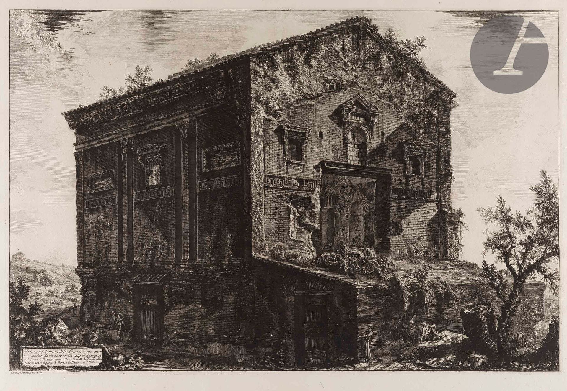 Giambattista Piranesi (1720-1778)
Veduta del Tempio delle Camene… (Temple des Camènes, ou Temple du dieu ridicule). 1773. Eau-forte et burin. 710 x 475 [765 x 540]. Hind 106 (ii/iv). Très belle épreuve sur vergé fort, avant les numéros à droite. Numéro de folio 63 à la plume et à l’encre sépia dans l’angle supérieur droit. Infime accroc en surface formant tache blanche au centre en pied du bâtiment. Infime déchirure en bas de la marge droite. Bord gauche irrégulier, déchiqueté, avec petits trous d’onglets de reliure et manques. Grandes marges. 1er tirage parisien.