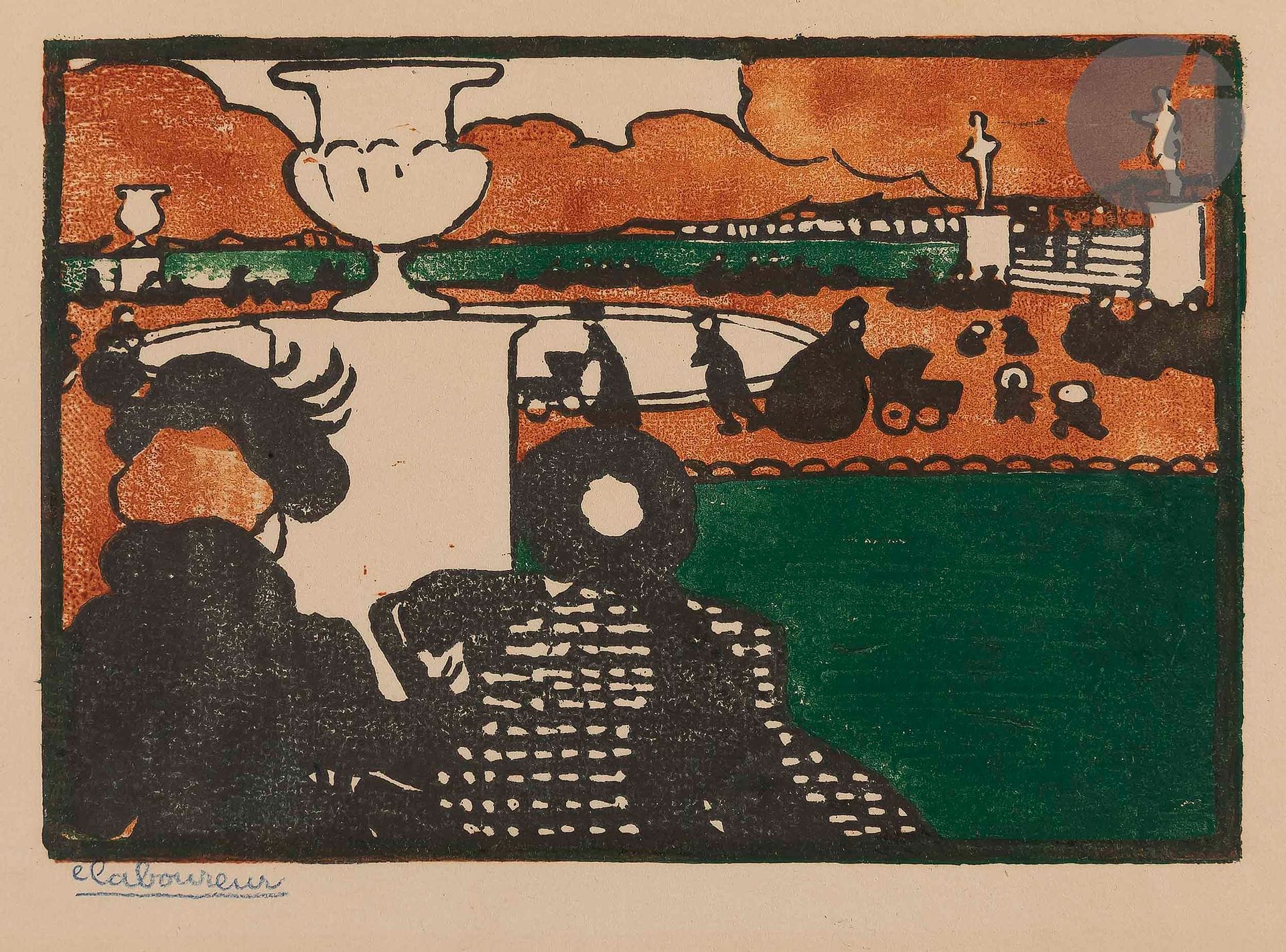 *Jean-Émile Laboureur (1877-1943)
Automne au Luxembourg. 1898. Bois gravé. 162 x 111. Laboureur 596. Impression en couleurs. Très belle épreuve sur vélin crème, signée au crayon bleu. Légère trace d’oxydation autour du sujet. Toutes marges. Rare. Tirage à environ 10 épreuves. Ex-coll. H. M. Petiet (Lugt 5031).