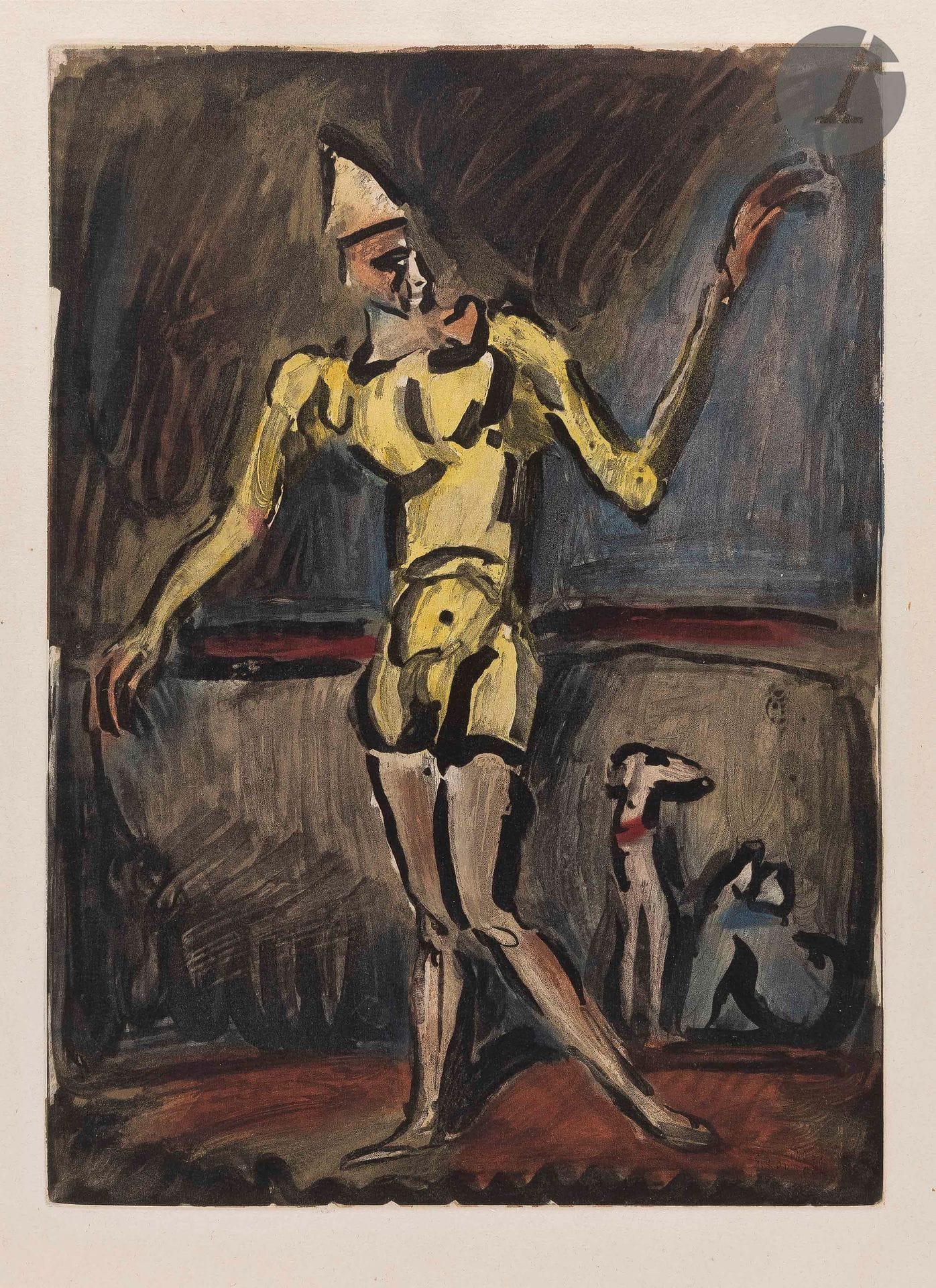 *Georges Rouault (1871-1958)
1930. Aquatinte. 248 x 348. Chapon et Rouault 204. Impression en couleurs. Très belle épreuve sur vergé crème. Minuscules rousseurs marginales. Toutes marges non ébarbées.

 Pl. prévue pour illustrer l’ouvrage d’André Suarès, Cirque – voir note au n° 310.