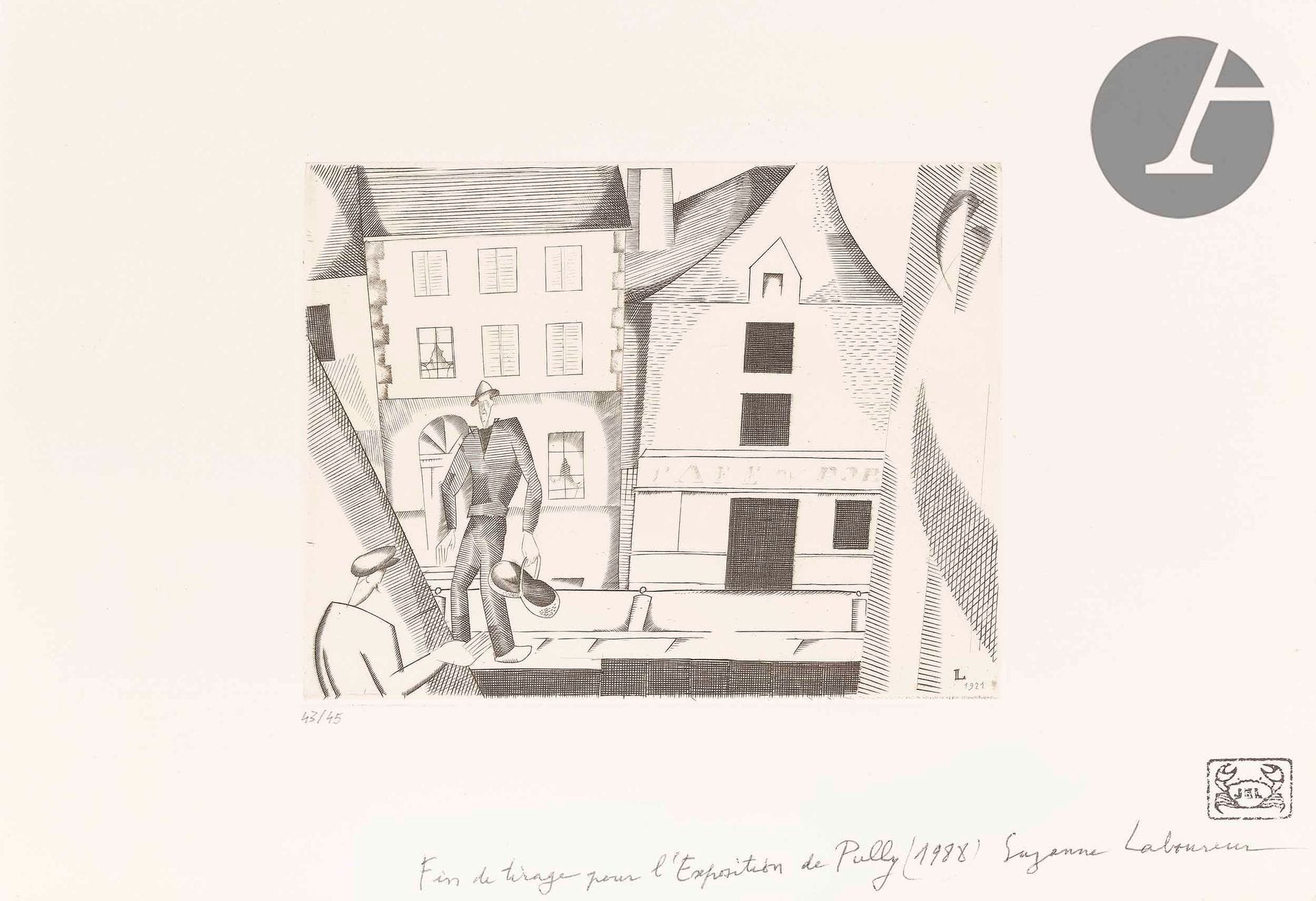 *Jean-Émile Laboureur (1877-1943)
Café du port ; Le Petit hôtel de Ville (La Roche-Bernard, Morbihan) ; Le Ruisseau sous bois. 1922-1927. Burin. Formats divers. Laboureur 226, 244 et 353. Belles épreuves, la 1re du tirage posthume à 45 épreuves, numérotée au crayon, revêtue du timbre au crabe, annotée et signée en pied au stylo-bille par la veuve de l’artiste, les deux autres sur vergé ancien, signées et numérotées au crayon. Toutes marges. Ens. 3 p.