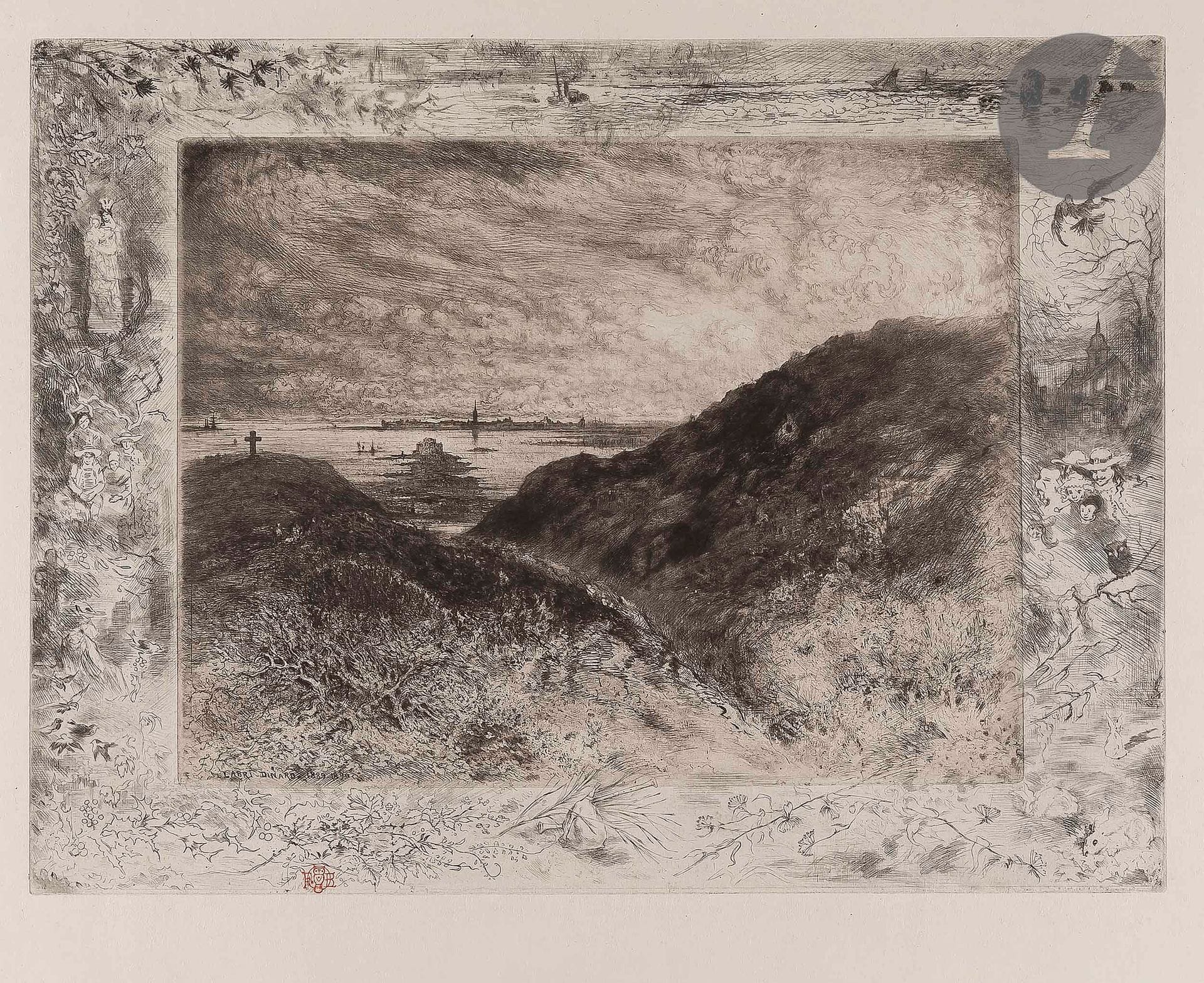 Félix Buhot (1847-1898)
La Falaise, baie de Saint-Malo. 1889-1890. Eau-forte et pointe sèche. 397 x 300. Bourcard-Goodfriend 165. Très belle épreuve sur japon vergé, le sujet central tiré en noir bistré, les marges en gris, timbrée (Lugt 977), soigneusement lavée. Petites traces de plis persistantes et léger empoussiérage au bord gauche. Toutes marges.
