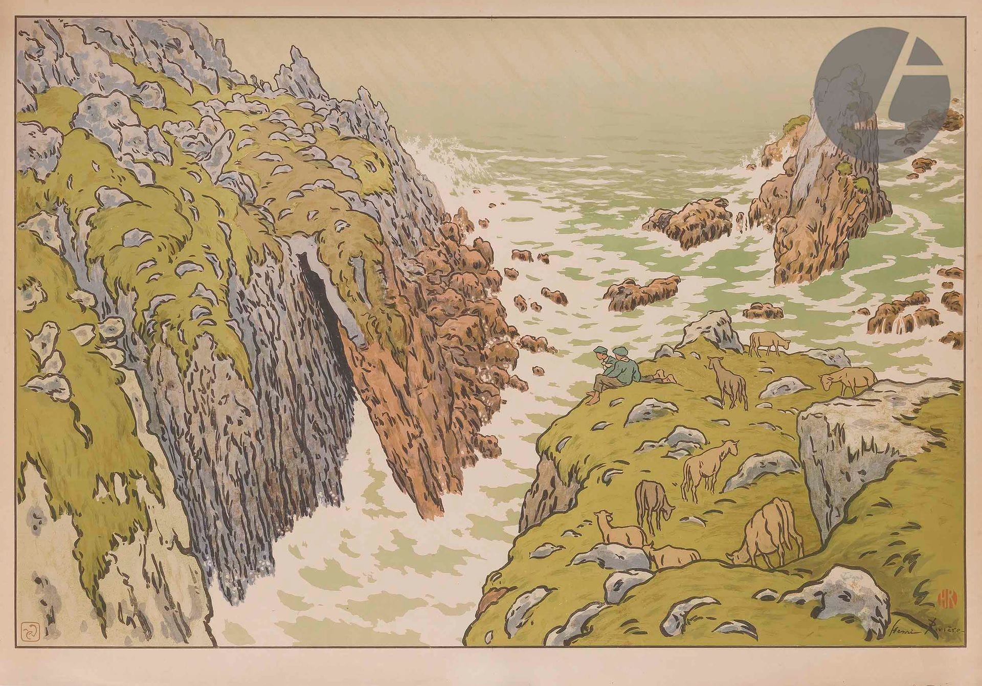 Henri Rivière (1864-1951)
La Falaise. (Aspects de la Nature, pl. 3). 1897. Lithographie. 828 x 550. Fields p. 76. Impression en couleurs. Belle épreuve sur vélin glacé ivoire. Menus courts plis cassés, petites taches, courtes déchirures et ondulations aux bords du feuillet. Toutes marges.