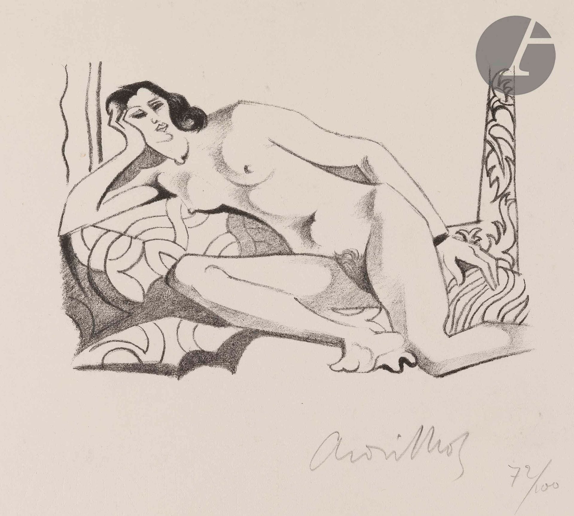 André Lhote (1885-1962)
Femme nue en buste, allongée, appuyée sur sa main ; Femme nue cubisante appuyée sur sa main. Vers 1930. Lithographie. Chaque feuille : 290 x 225. Très belles épreuves sur vélin, signées et numérotées au crayon. Toutes marges. Tirage à 100 épreuves. Ens. 2 p.