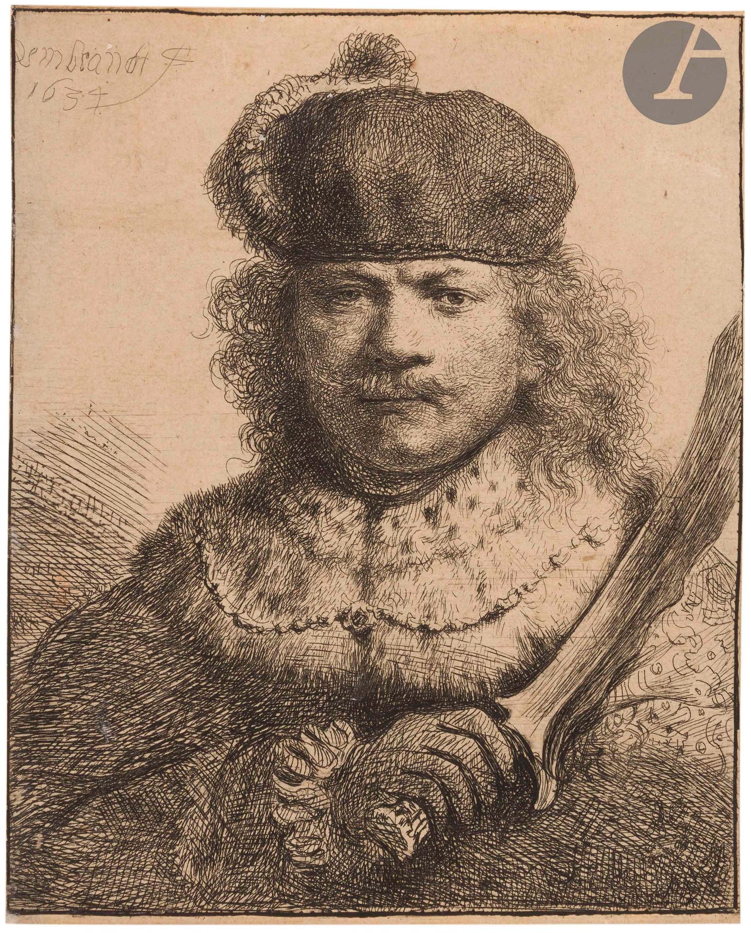 Rembrandt Harmensz. van Rijn (1606-1669)
Rembrandt tenant un sabre (Self-Portrait with Raised Sabre). 1634. Eau-forte et burin. 97 x 122. Bartsch 18 ; New Hollstein 134. Très belle et brillante épreuve sur vergé mince, rognée sur le trait carré ou à un millimètre sous celui-ci en pied. Petites amincissures le long du bord droit au verso, anciennement et habilement restaurées (avec petites traces visibles à jour rasant au recto dans l’angle supérieur gauche). Ancienne trace de pli oblique médian visible au verso. Filigrane : armes de Württemberg (comparable à Ash-Fletcher 9 B’ a). Ex-coll. A. Hirsch (Lugt 133) et autre marque non identifiée (deux petites étoiles).