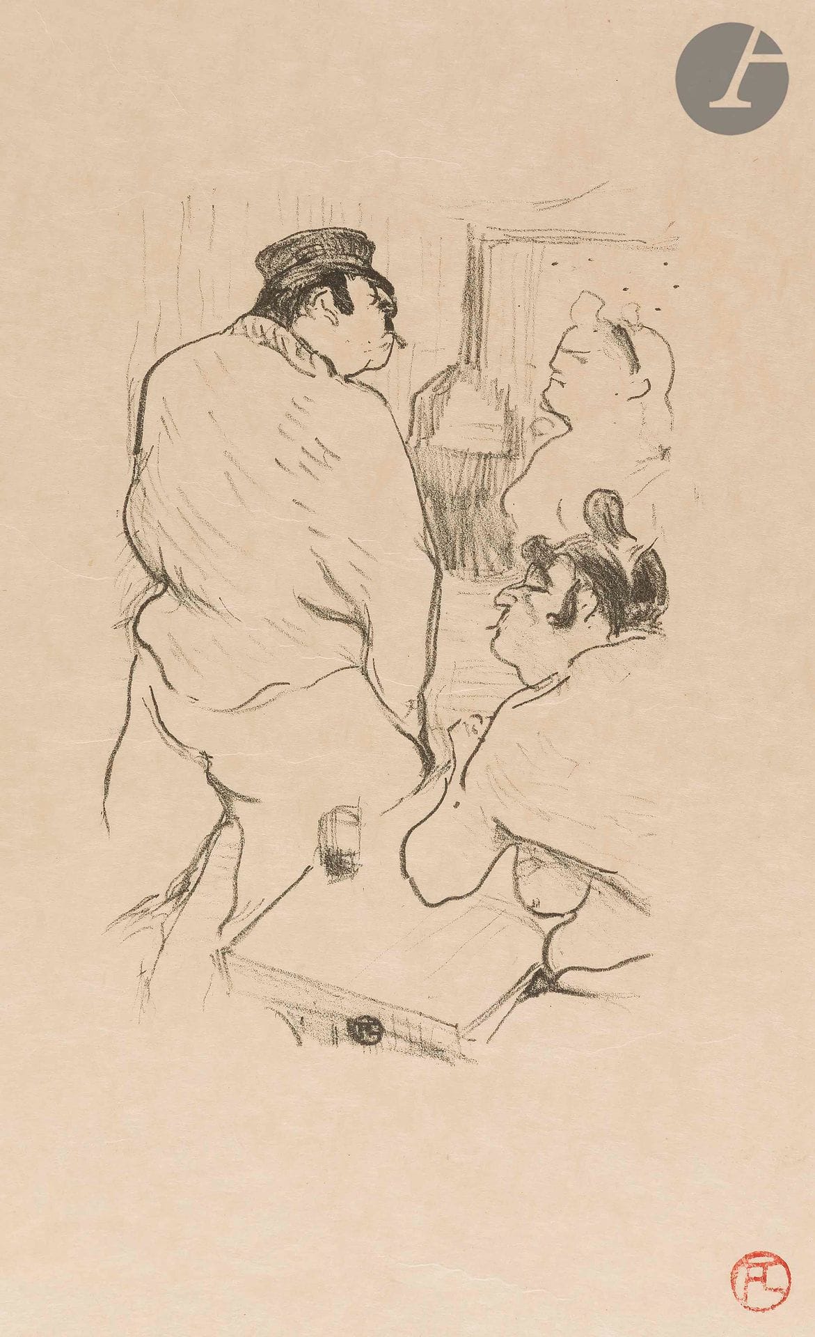 *Henri de Toulouse-Lautrec (1864-1901)
La Terreur de Grenelle. (Chanson de Jules Jouy). 1894. Lithographie. 110 x 173 [275 x 348]. Delteil 72 ; Wittrock 66. Très belle épreuve sur simili-japon fort ivoire, du 1er tirage sans la partition musicale, revêtue du timbre rouge du monogramme et du timbre sec d’Éd. Kleinmann (Lugt 1573), puis numérotée (23) au composteur dans l’angle inférieur gauche du feuillet. Plusieurs longs fins plis cassés en travers du sujet et dans l’angle inférieur gauche. Toutes marges. Tirage à 100 épreuves. Éd. Kleinmann éd.